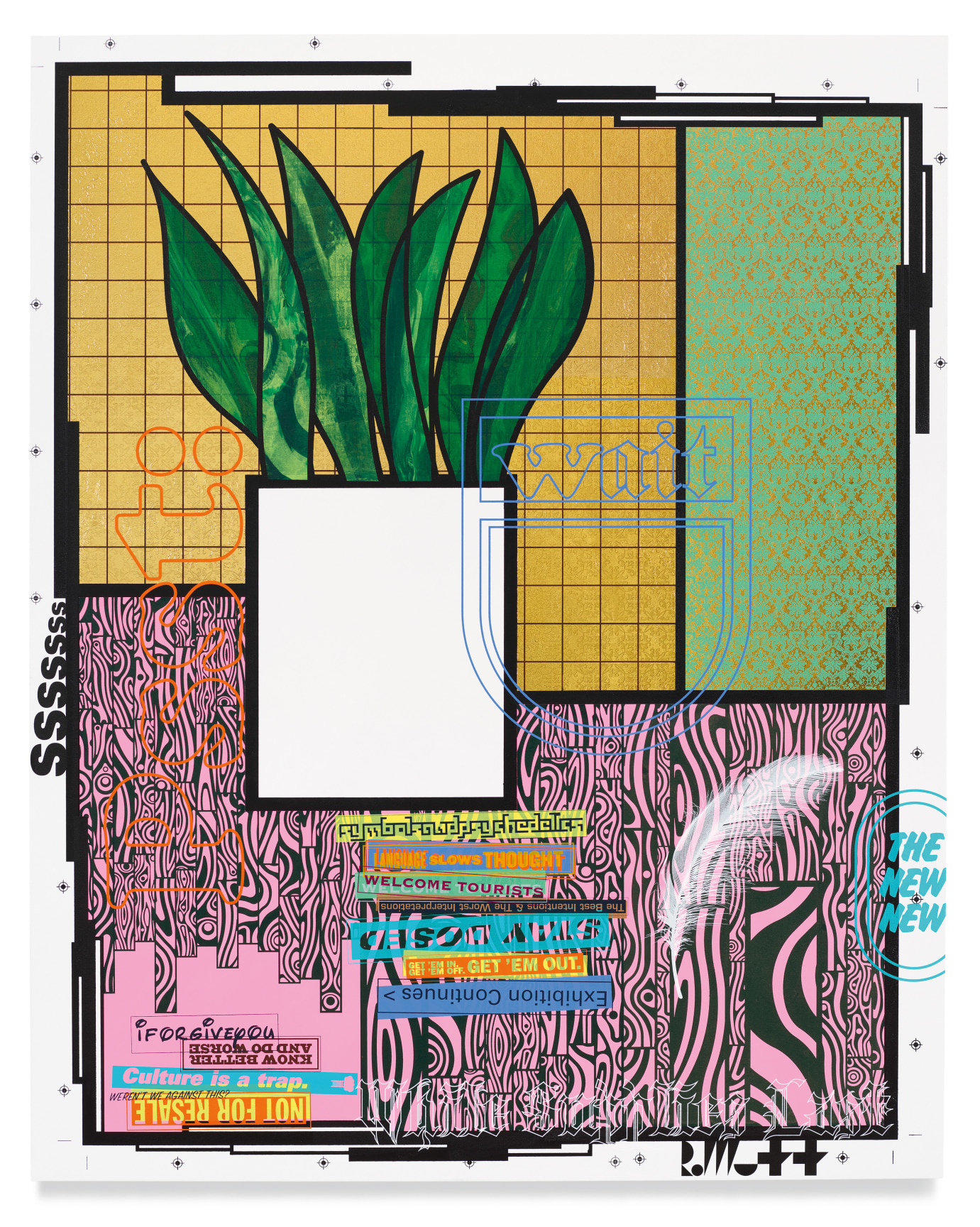 Potted Plant Portrait (Wait), 2022, Acrylic and metal leaf on canvas, 64 x 51.25 inches, 162.6 x 130.2 cm, MMG#34670