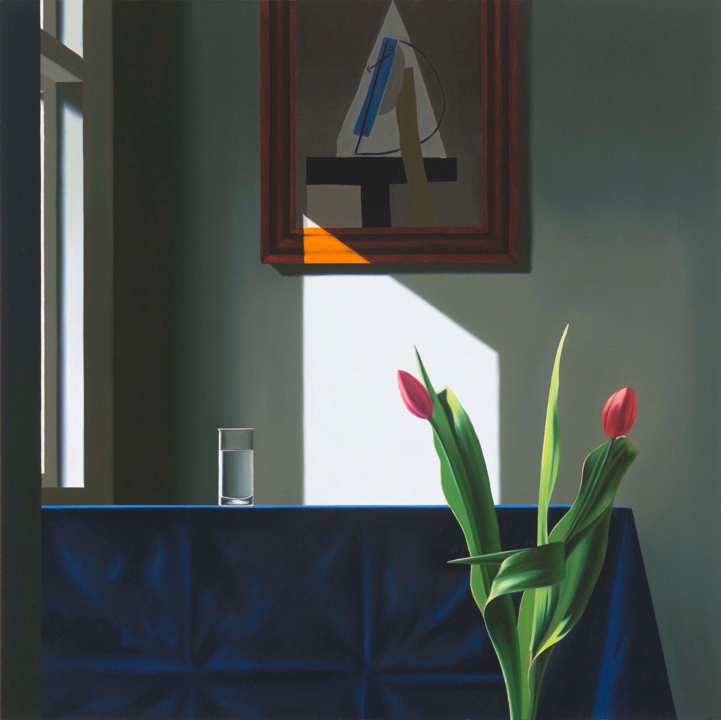 Bruce Cohen, Interior with Glass of Water and Picasso Collage, Oil on canvas