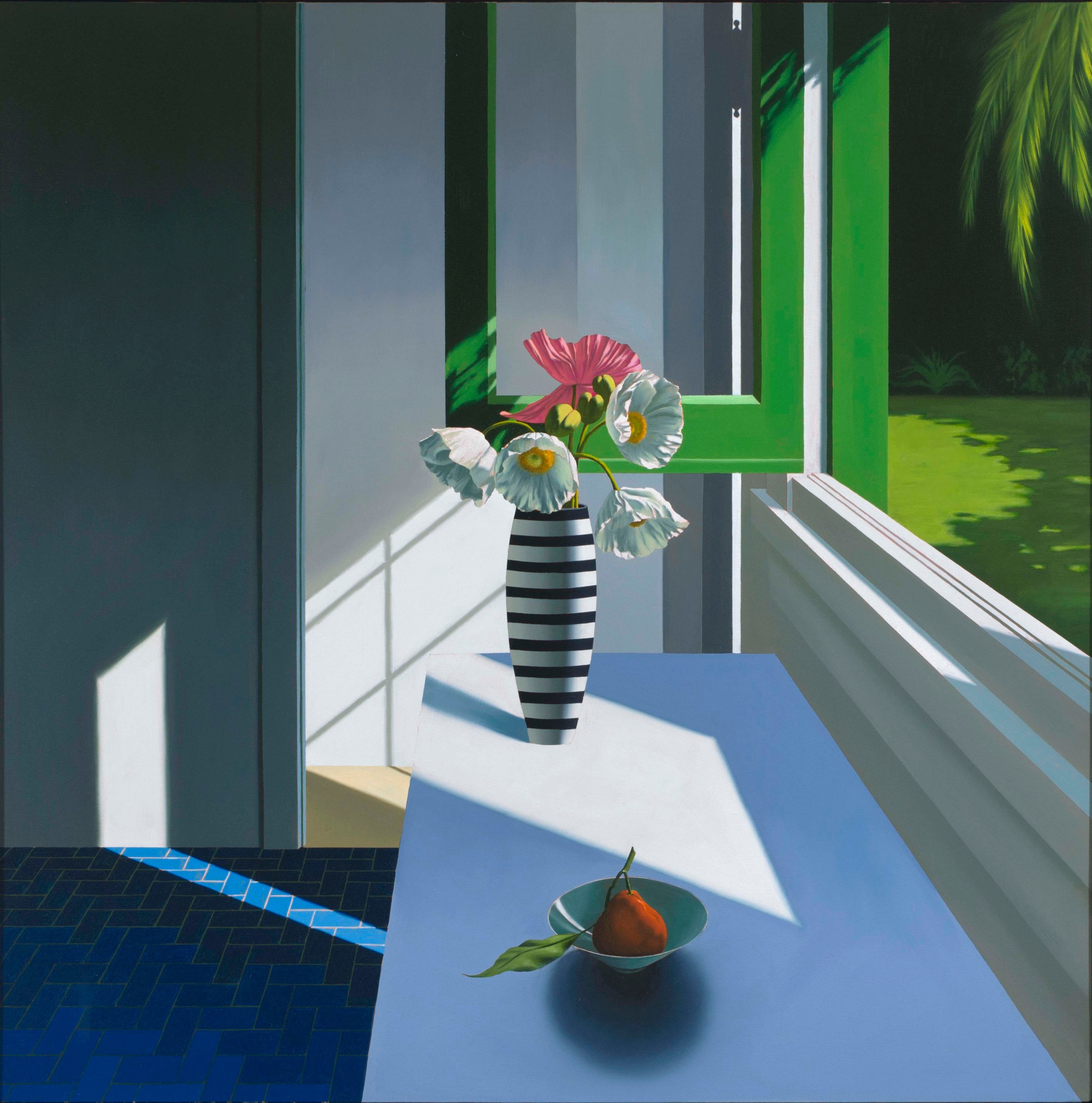Bruce Cohen, Interior with Poppies in Striped Vase with Pear in Bowl, Oil on canvas