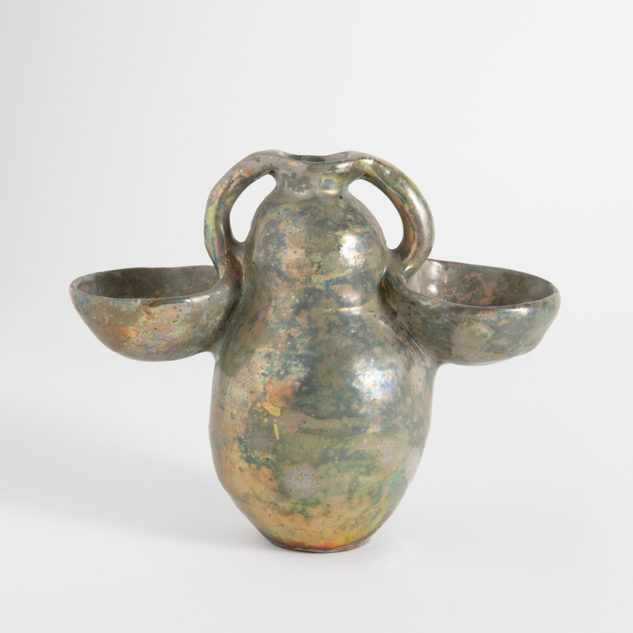 Beatrice Wood Gold Luster Bottle with Two Handles, 1991 Unique clay 5.5 x 7.25 x 3.25 in (14 x 18.4 x 8.3 c