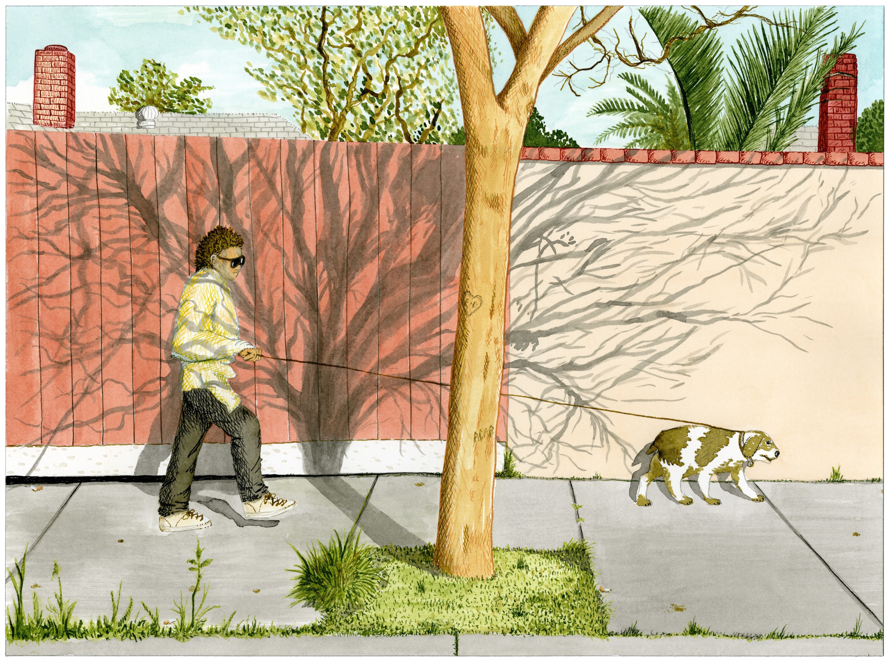 Ed Templeton, Suburban Scene, Dog Walker, 2021