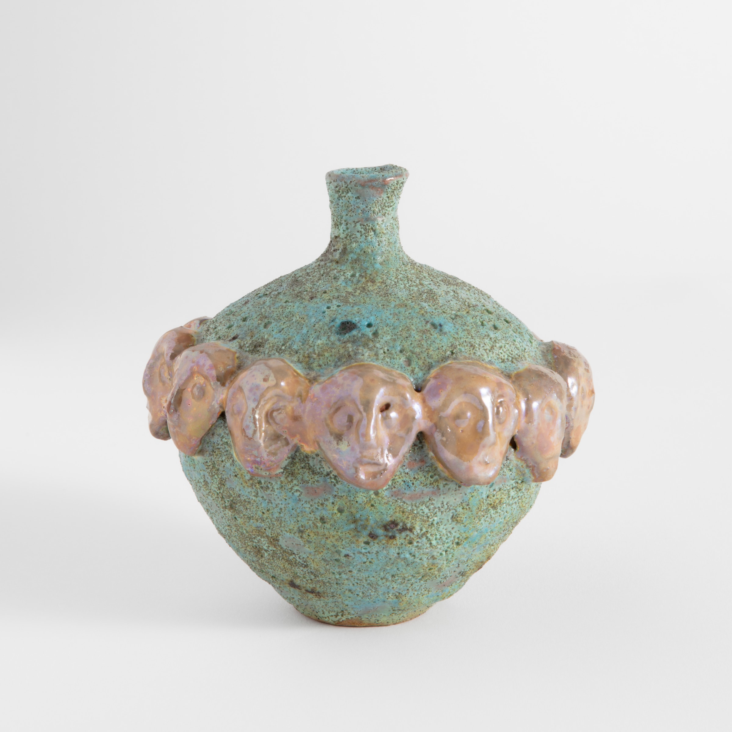 Beatrice Wood Turquoise crater glaze with gold luster faces, 1991 Unique clay 4 x 4.25 x 4.25 in (10.2 x 10.8 x 10.8 cm)