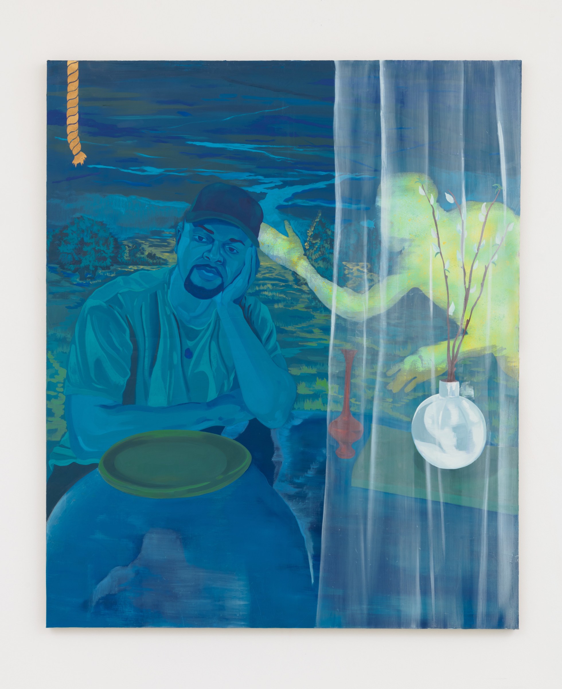 Dominic Chambers Blue DayDream (Shikeith in Blue), 2021 Oil and spray paint on linen 72 x 60 in (182.9 x 152.4 cm)