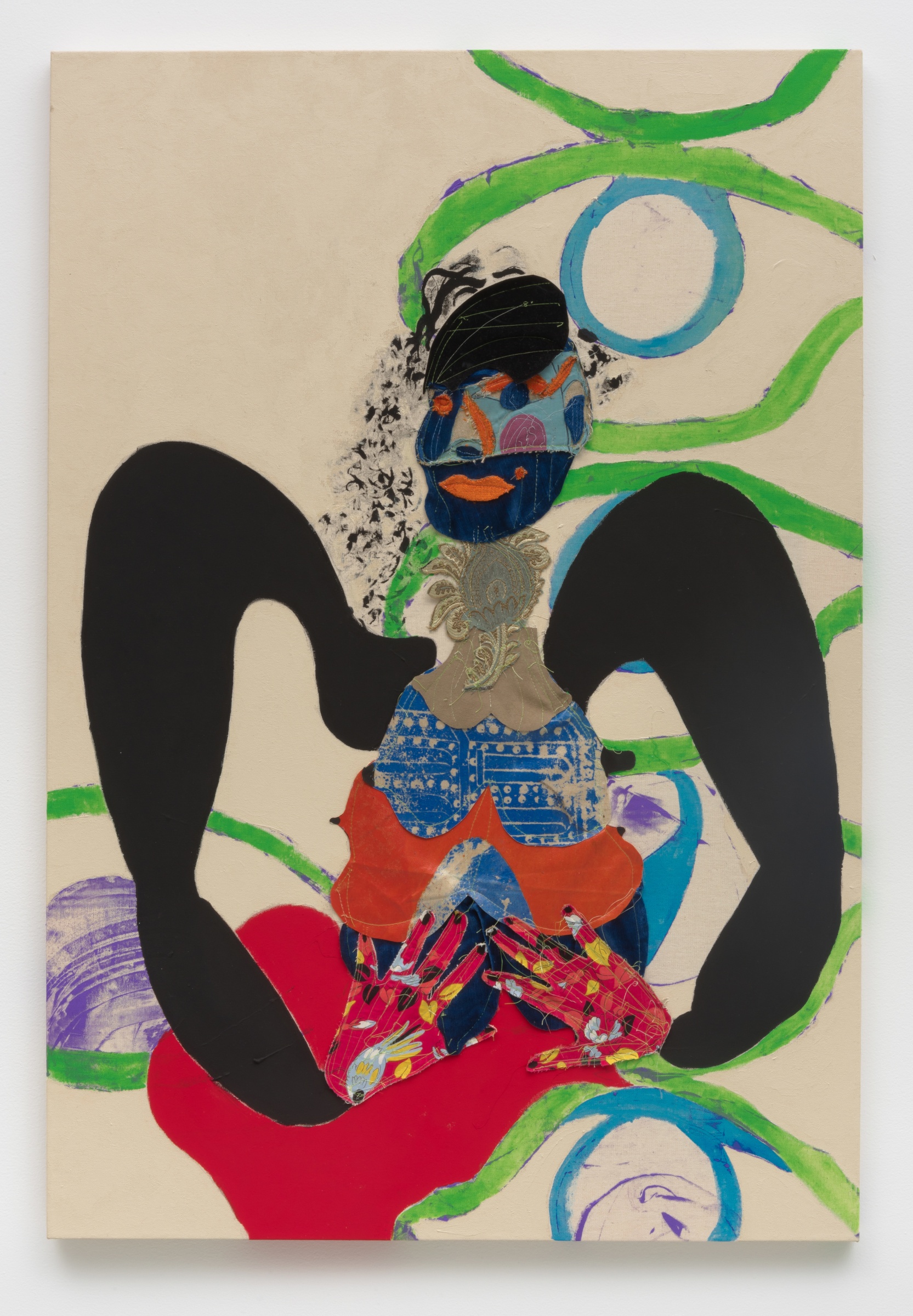 Tschabalala Self Greeneyed, 2016 Oil, acrylic, flashe and fabric on canvas 44 x 30 in (111.8 x 76.2 cm)
