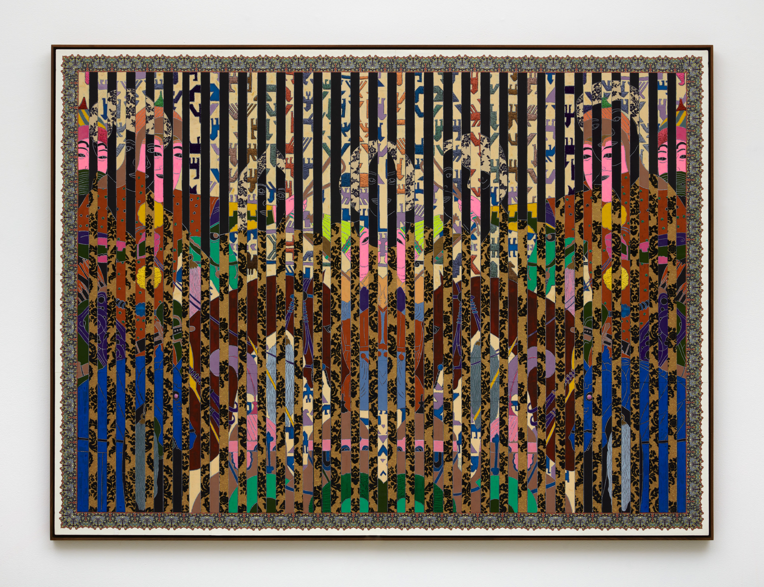 Ardeshir Tabrizi  Horsemen, 2021  Graphite, gouache, flocked paper and embroidery floss on printed paper mounted onto canvas  52 x 70 in (132.1 x 177.8 cm) unframed