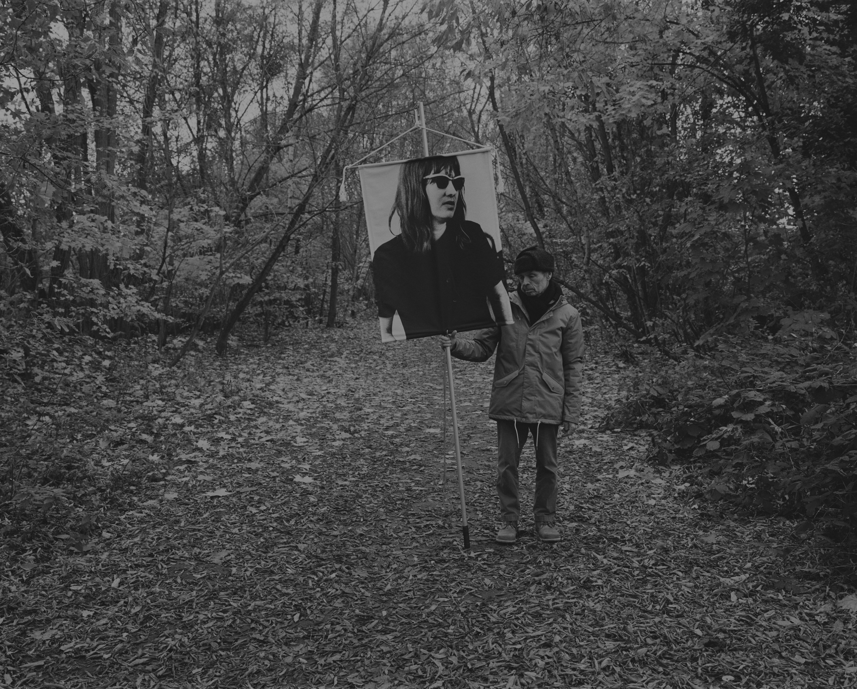 Daniel Joseph Martinez The forest glade at the "Hundeauslaufgebiet Düppel" (dogs runout zone at Düppel) close to the Wansee Lake. Very wealthy neighborhood., 2017 Medium format black & white film printed digitally on Hahnemule Fine Art Baryta, Gloss 315gsm 60 x 72 in (152.4 x 182.88 cm)