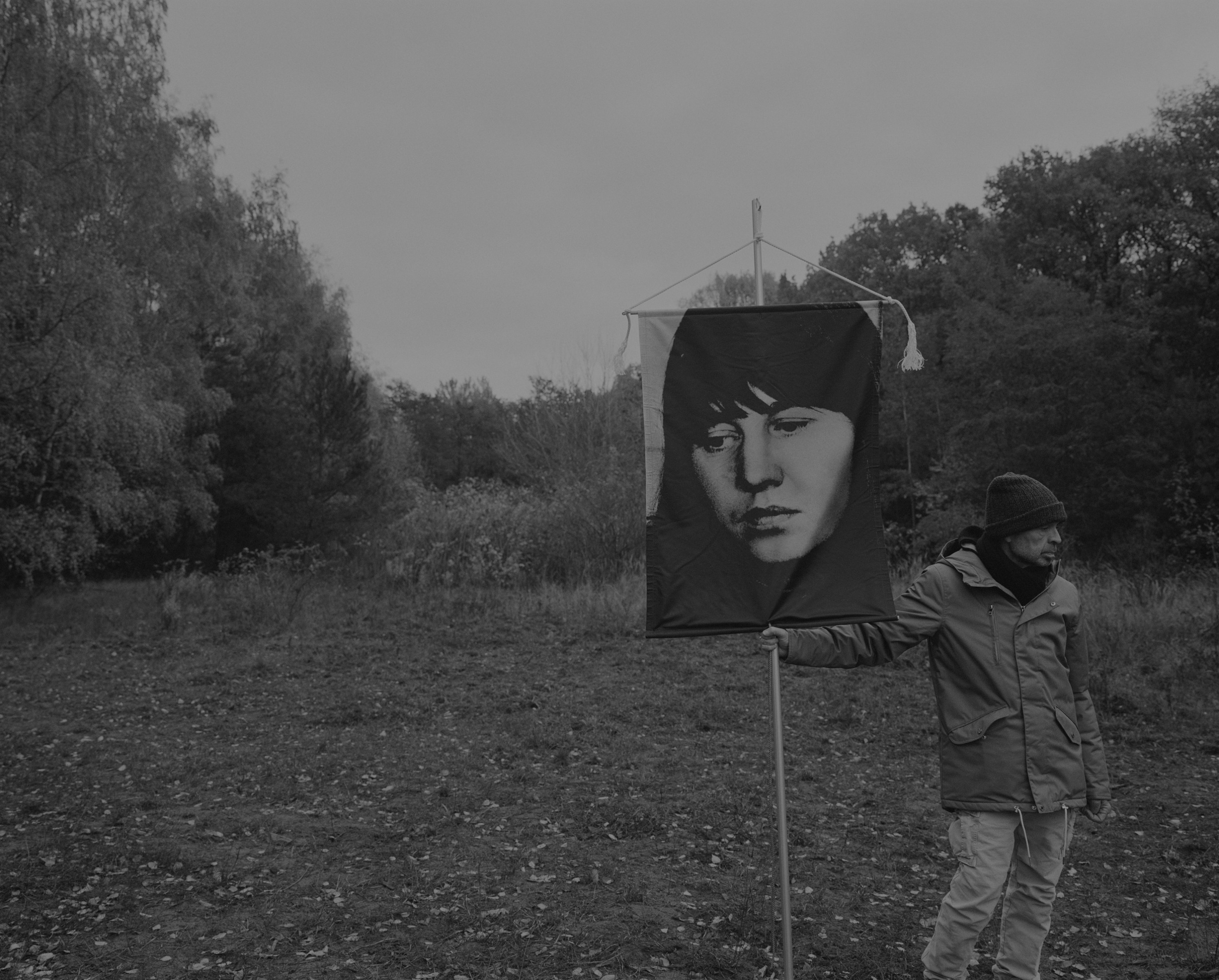 Daniel Joseph Martinez In the area between Königsweg Brücke and the pink amour memorial. A densely vegetated place, as you can see reveals a sparser background., 2017 Medium format black & white film printed digitally on Hahnemule Fine Art Baryta, Gloss 315gsm 60 x 72 in (152.4 x 182.88 cm)