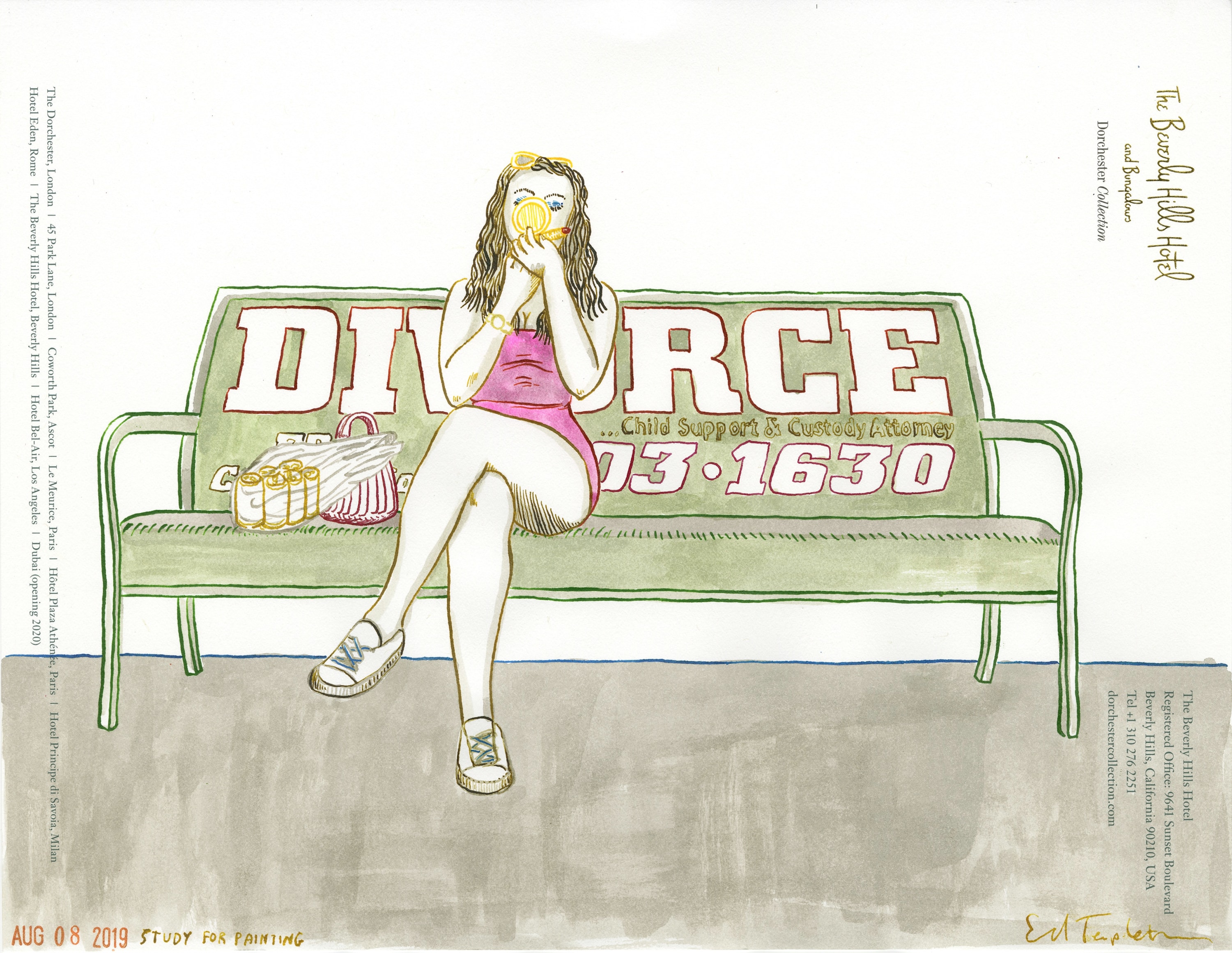 Ed Templeton, Study for a painting (Makeup Girl, Divorce bench), 2019