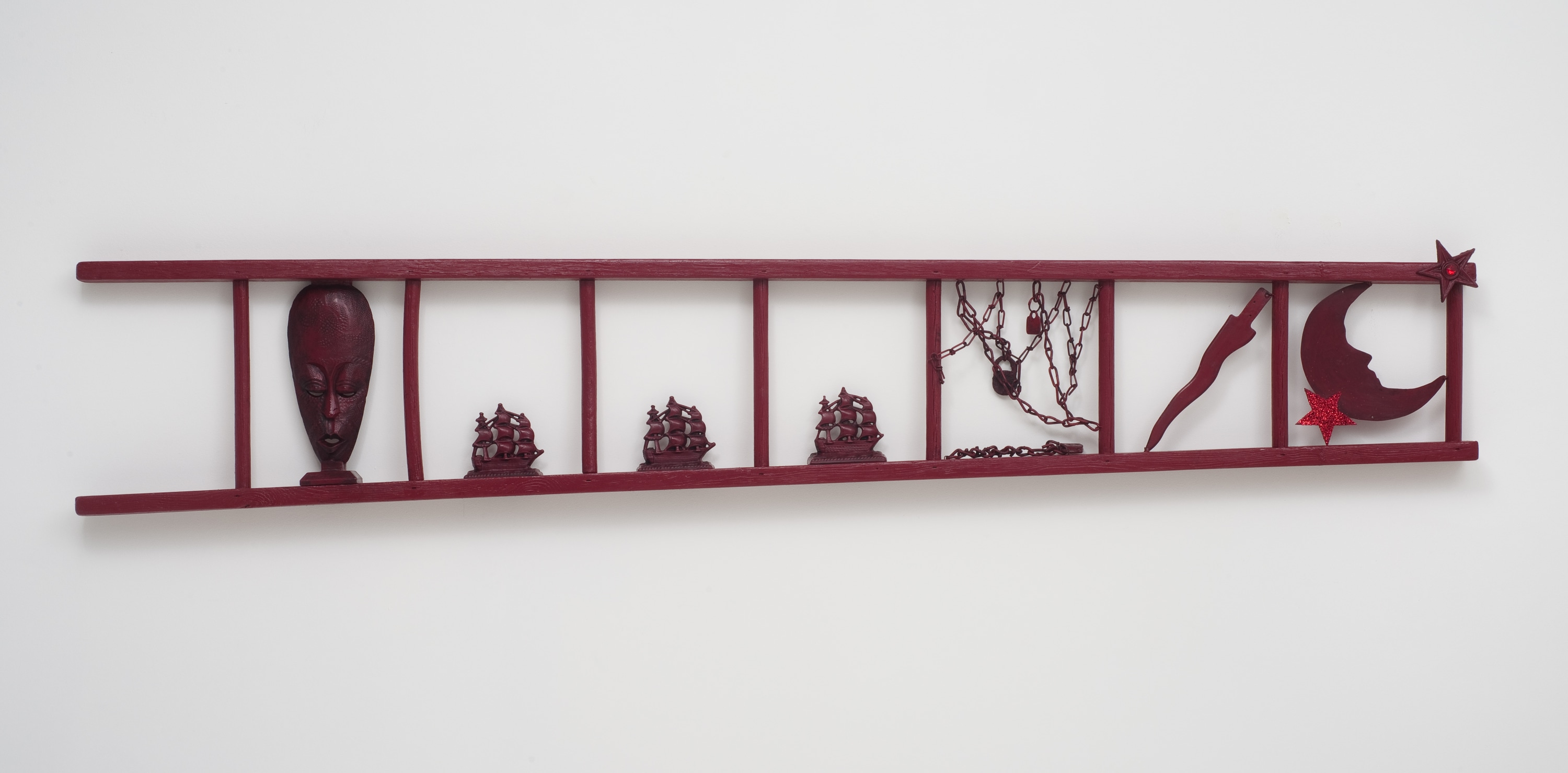 Betye Saar  Red Ascension, 2011  Mixed media assemblage  17.5 x 96.5 x 3.25 in (44.5 x 245.1 x 8.3 cm)