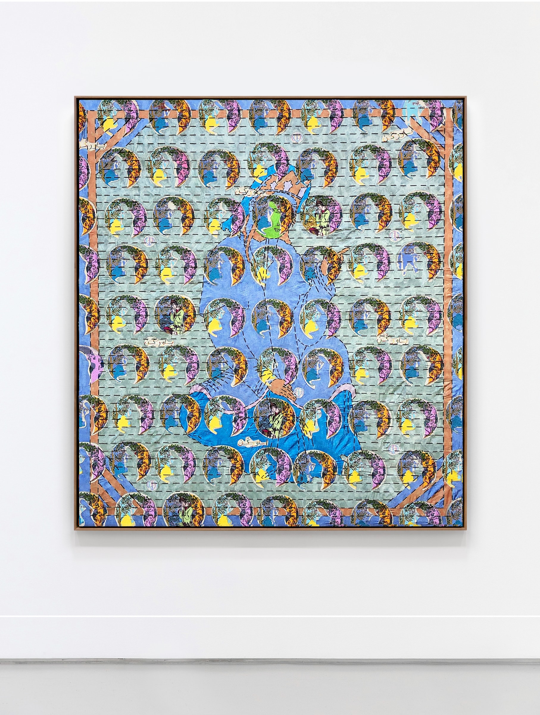 Ardeshir Tabrizi Tahmineh Singing Bavar Kon, 2019 Silk thread, cotton floss and pearlescent acrylic ink on canvas 53 x 46 in (134.6 x 116.8 cm)