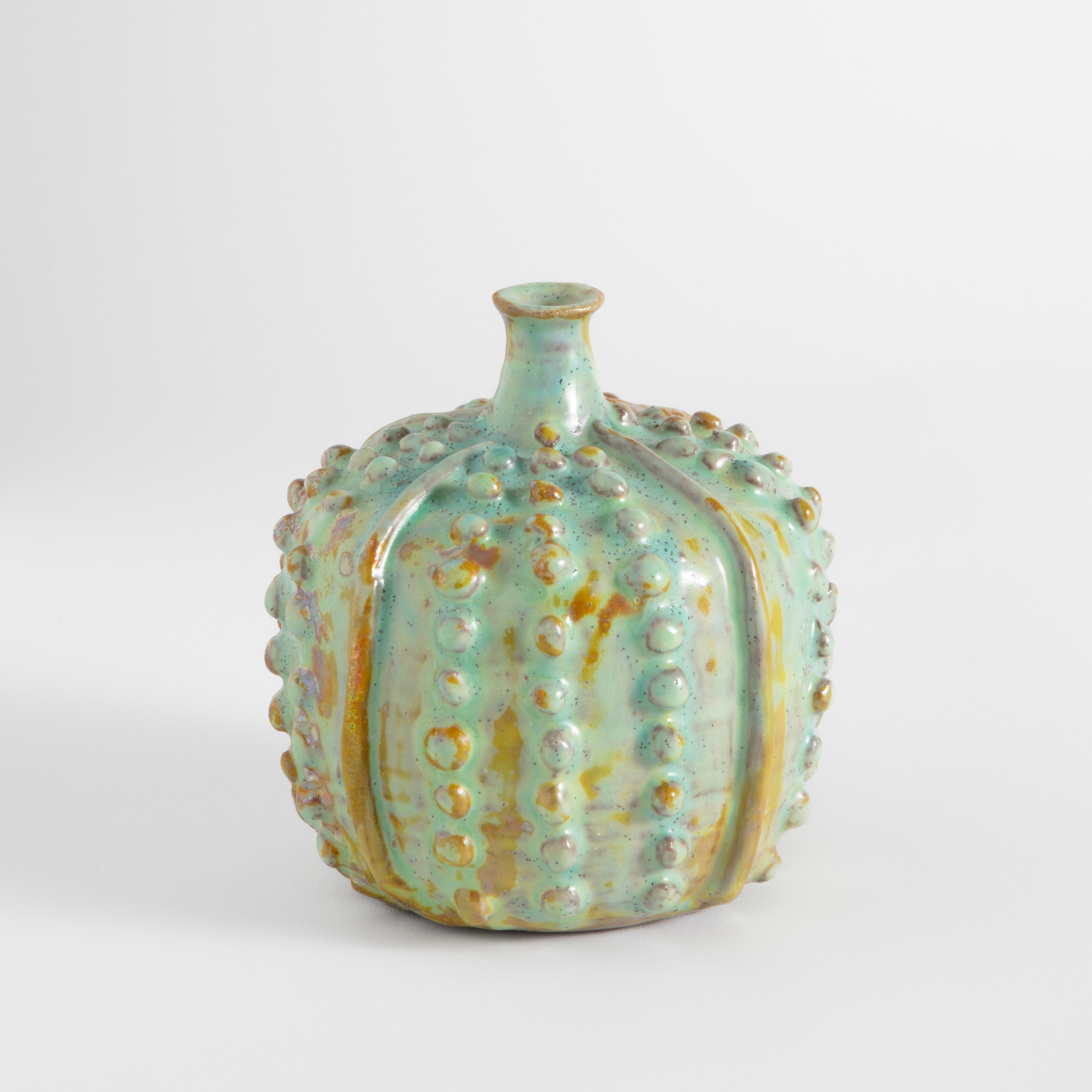 Beatrice Wood Seaform/Gold Luster vessel decorated with "Pearls", 1992 Unique clay 4.5 x 4.25 x 4.25 in (11.4 x 10.8 x 10.8 cm)