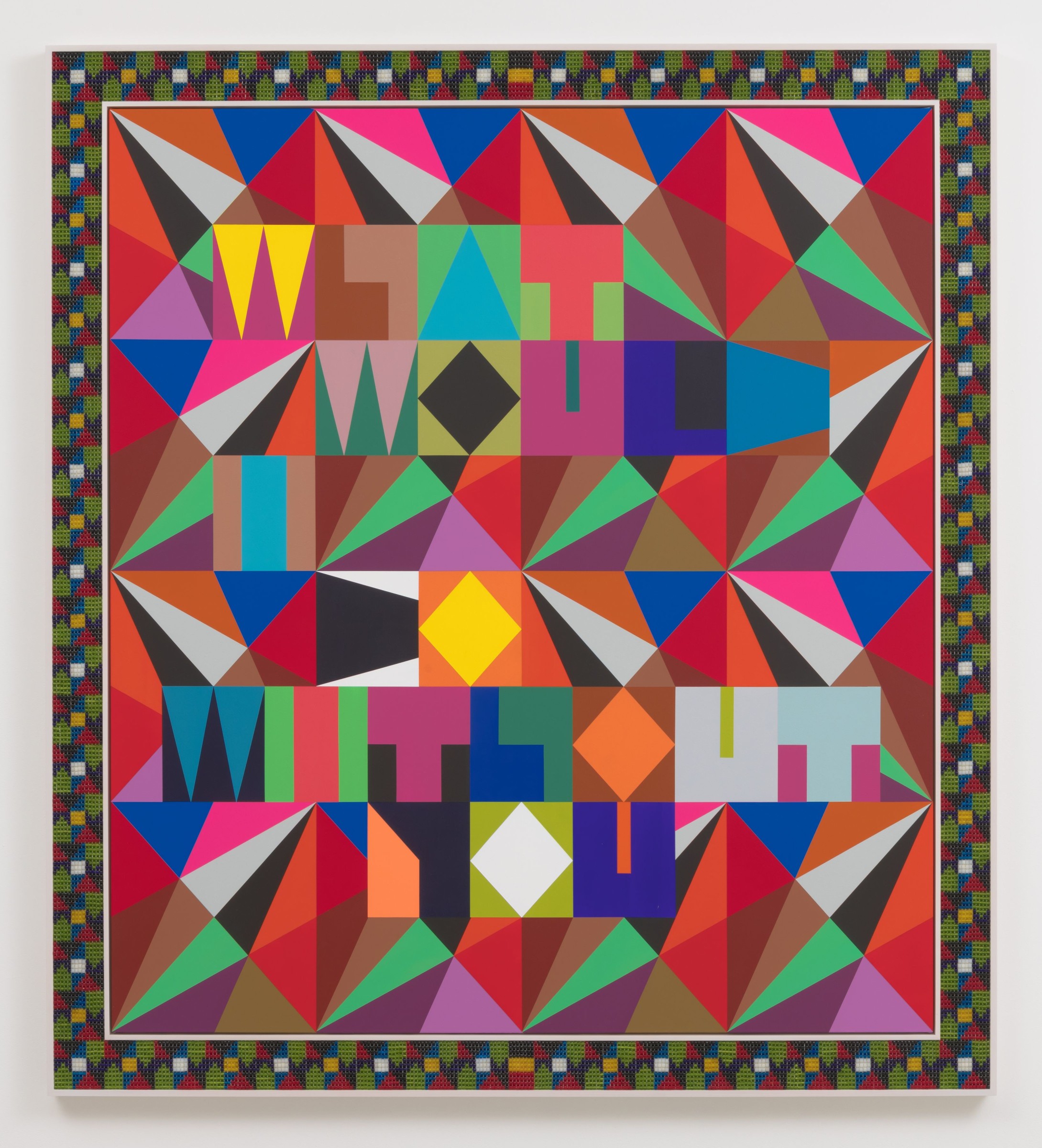 Jeffrey Gibson WHAT WOULD I DO WITHOUT YOU, 2019 Acrylic paint on canvas with beaded frame 82 x 74 in (208.3 x 188.0 cm)