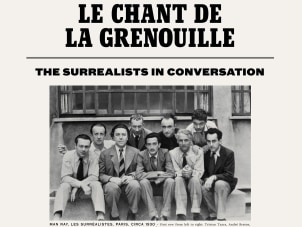 This image is the poster for the exhibition, Le Chant de la Grenouille, the Surrealists in conversation, it features a photo grouping all the members of the Surrealist group seated together outside.