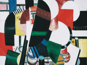 This image is a cropped photo of Fernand Leger's painting titled "Composition aux Trois Profils" (Composition with Three Profiles) executed in 1937. The present work belongs to Léger's most abstract series founded on this contrast, and it anticipates the artist's development over the next decade. His fascination with the composition intensified in 1937, a highly productive year in which he made seven variations of the painting. The present painting – and the other versions from that year – have an unprecedented complexity of form, exuberance of movement and brilliance of color. 