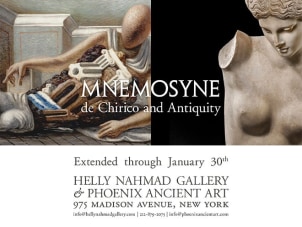 this flyer displays the tile and date of the exhibition titled Mnemosyne de Chirico and Antiquity. It also features on the top left a cropped image of a Giorgio de Chirico painting and on the right it shows a ancient marble statue of a woman.