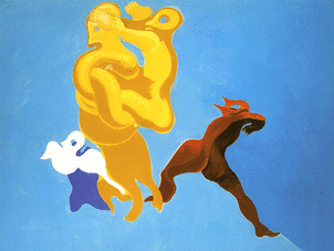This image features a painting by Max Ernst, titled "Malédiction à vous les mamans" (Curse to you, Mothers), Executed in 1928. This painting depict a vivid sky blue background. There is no perspective, but only three four figures or creatures depicted in the center. These figures look human but display birds faces. On the left there is a small figure in painted in dark blue and white. In the center there is a mother holding a child in her arms they are both fully painted in yellow and in a very curvy and simple manner. On the right is a medium size figure that allude to a child in movement fully painted in vivid brown tons. All their faces are like masks with holes displaying the background for eyes.