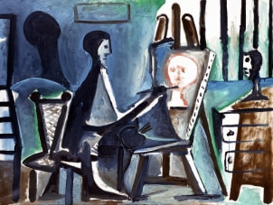 Picture of the painting by Picasso 'Le Peintre et son modèle' from 1963. We see a man painting a female sculpture set in front of him on a canvas propped on an easel.