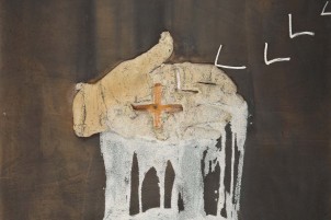This is an image of a Painting by Tapies which represents a hand carrying water