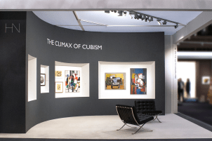 Installation shot featuring The Helly Nahmad Gallery booth at the art fair, TEFAF Spring New York, 2019