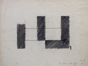 Michael Heizer, born 1944, Untitled - Painting Study, 1967, Graphite on Graph Paper, H 17” x W 22”,  Signed with Initials and Dated Lower Right – “M.H. ‘67”, Inscribed Lower Right – “flat black + white latex”