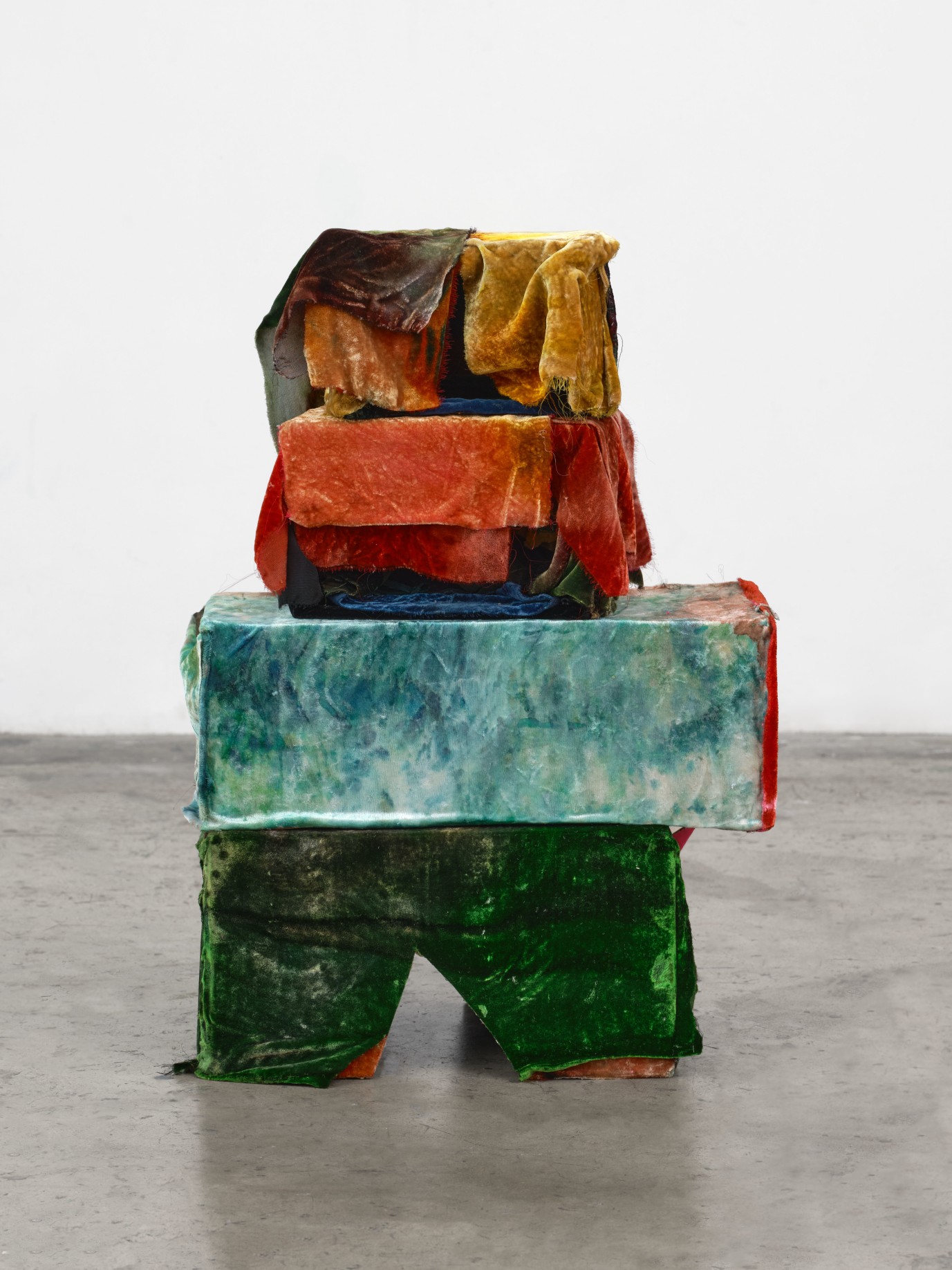 Anna Betbeze, Untitled Stack #2, 2024, hand dyed silk velvet, found cardboard boxes, 23 x 16 x 13 in, &copy; the artist, courtesy Nina Johnson