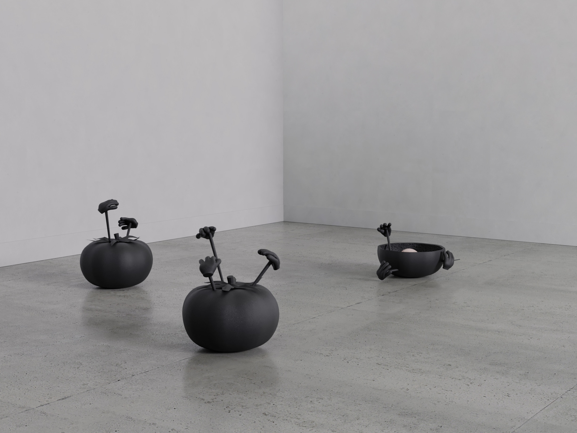 Huidi Xiang, maxim tomato (with three pins), maxim tomato (with two pins), maxim tomato&rsquo;s inner kid, 2025, courtesy YveYANG Gallery