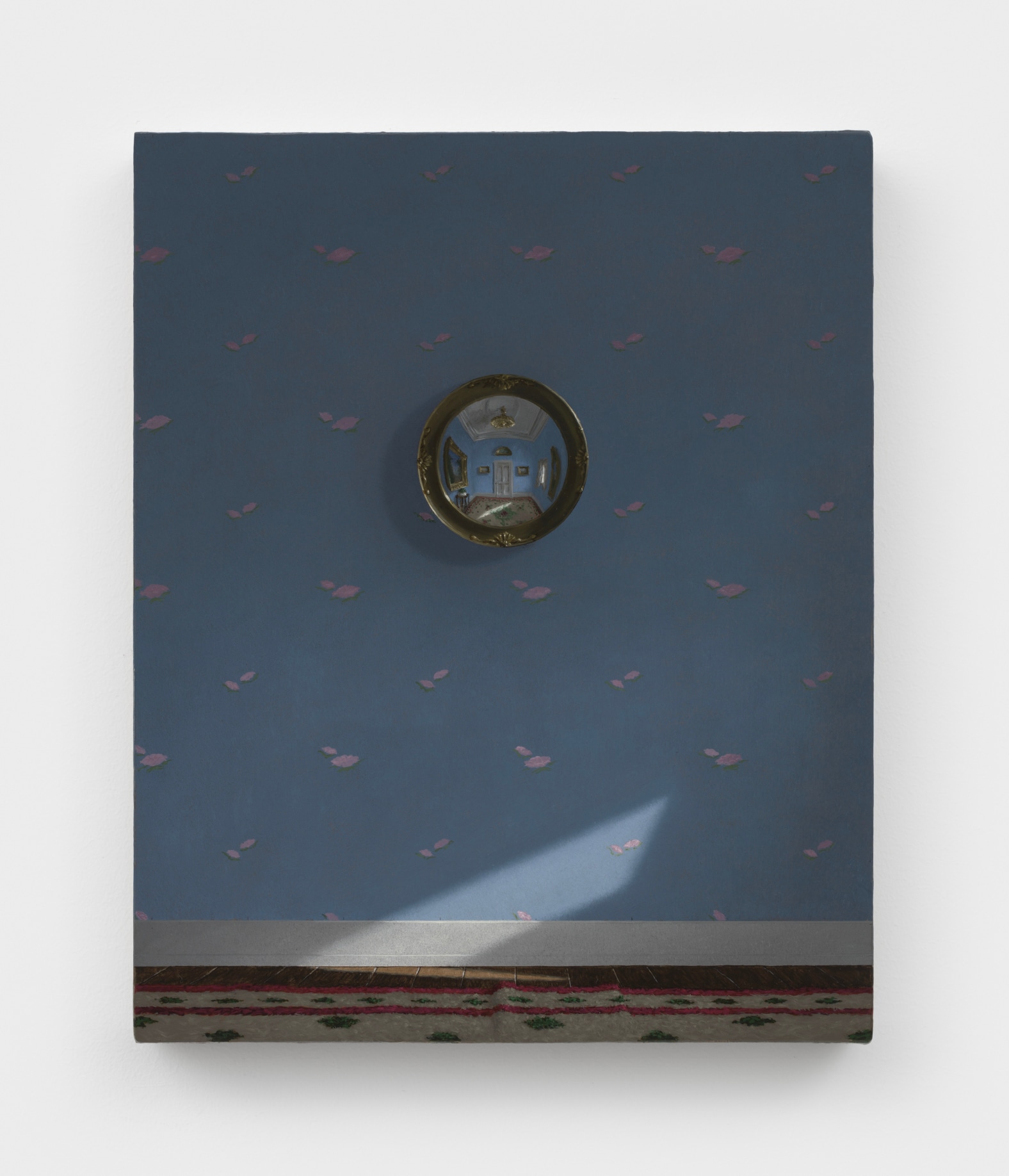 Quentin James McCaffrey, Mirror in Blue Room, 2022. Oil on canvas over wood panel, 13 1/2 x 11 inches. Courtesy of the artist and Nicelle Beauchene Gallery, New York