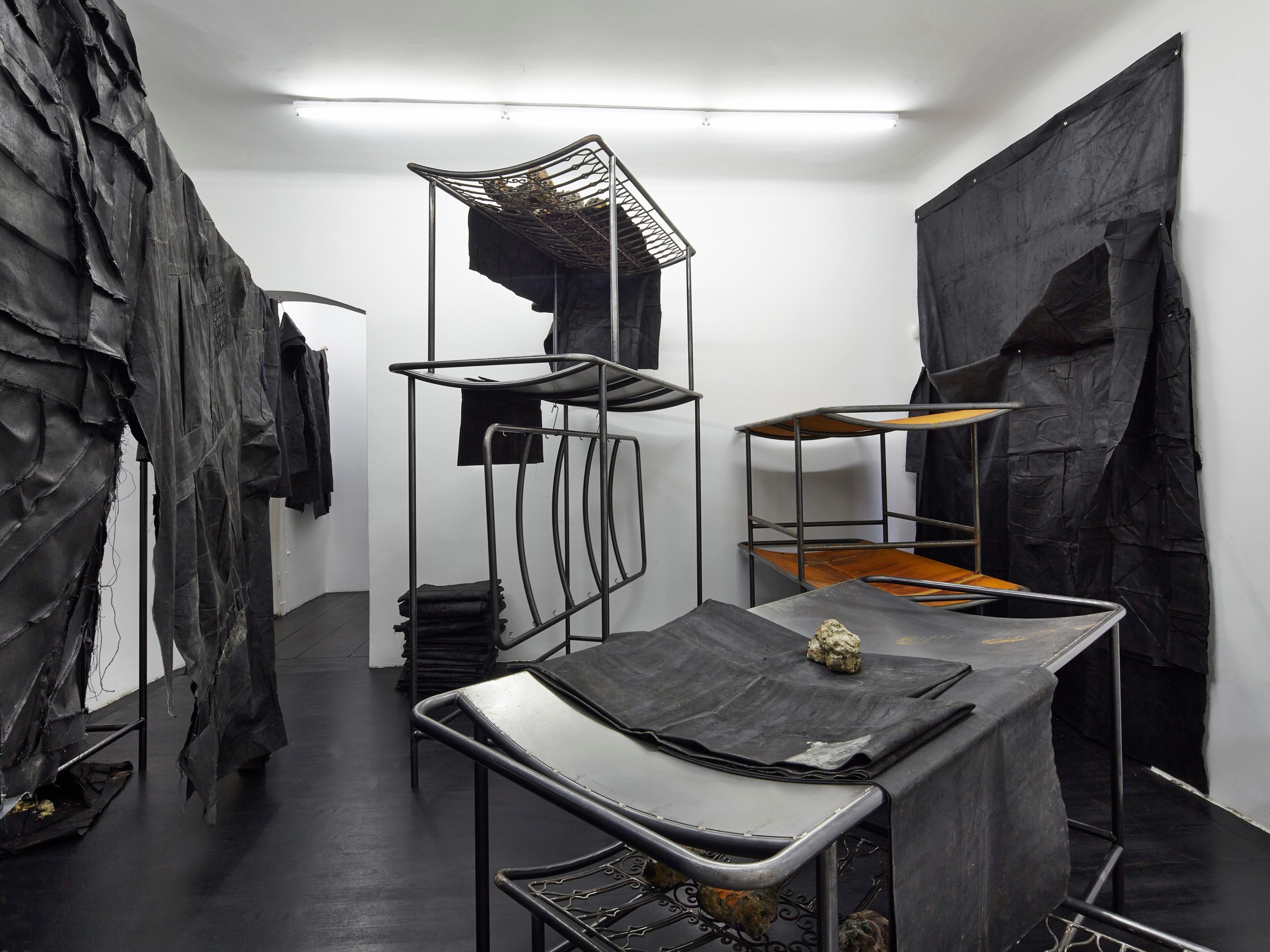 Oscar Murillo.&nbsp;Installation View: Land with lost olive trees, Galerie Isabella Bortolozzi, Berlin, 2016
