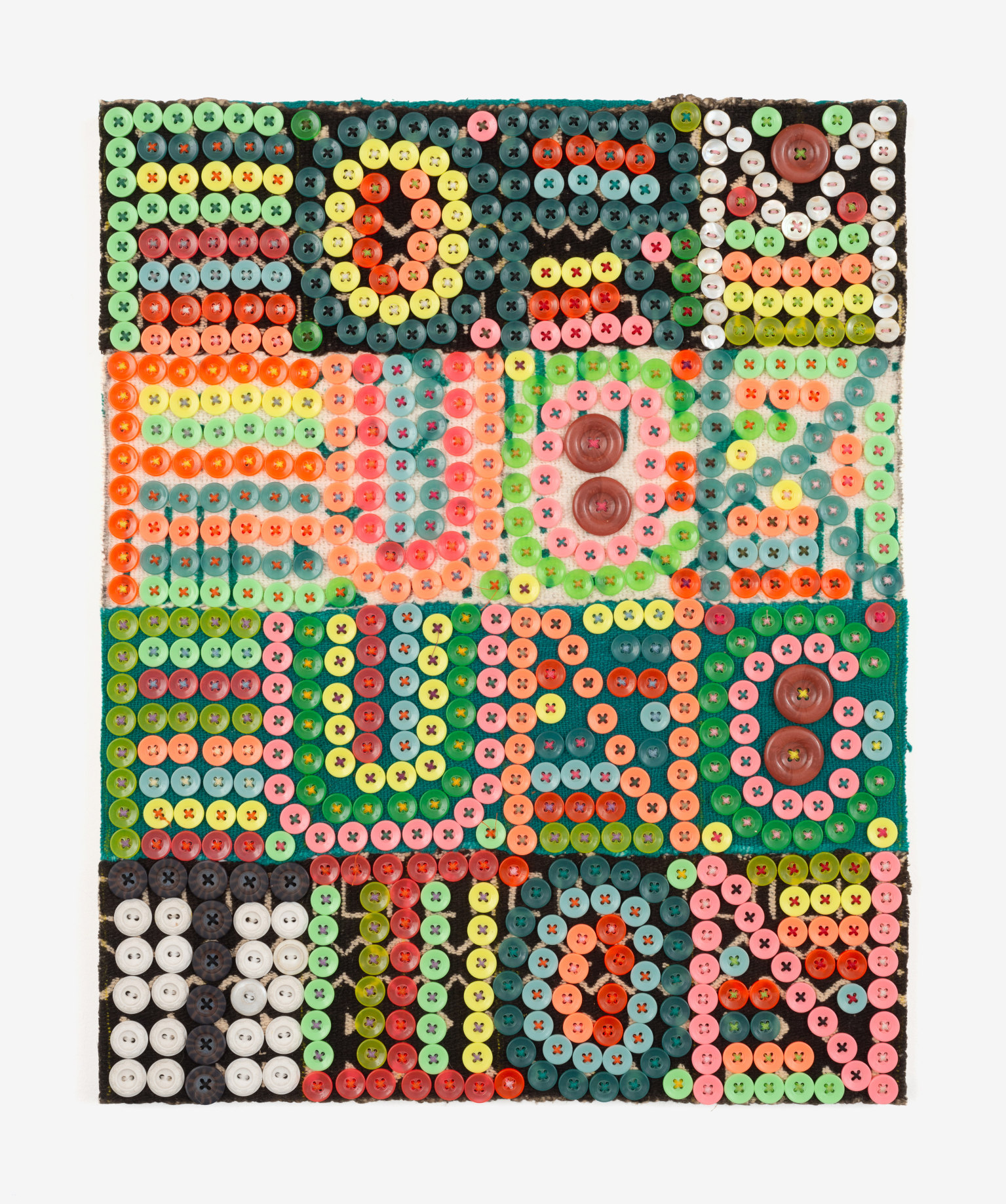 Jeff Perrone, Form Fuck Function, 2017, mud cloth, buttons and thread on canvas, 20 x 16 in, courtesy the Estate of Jeff Perrone and Corbett vs. Dempsey, Chicago