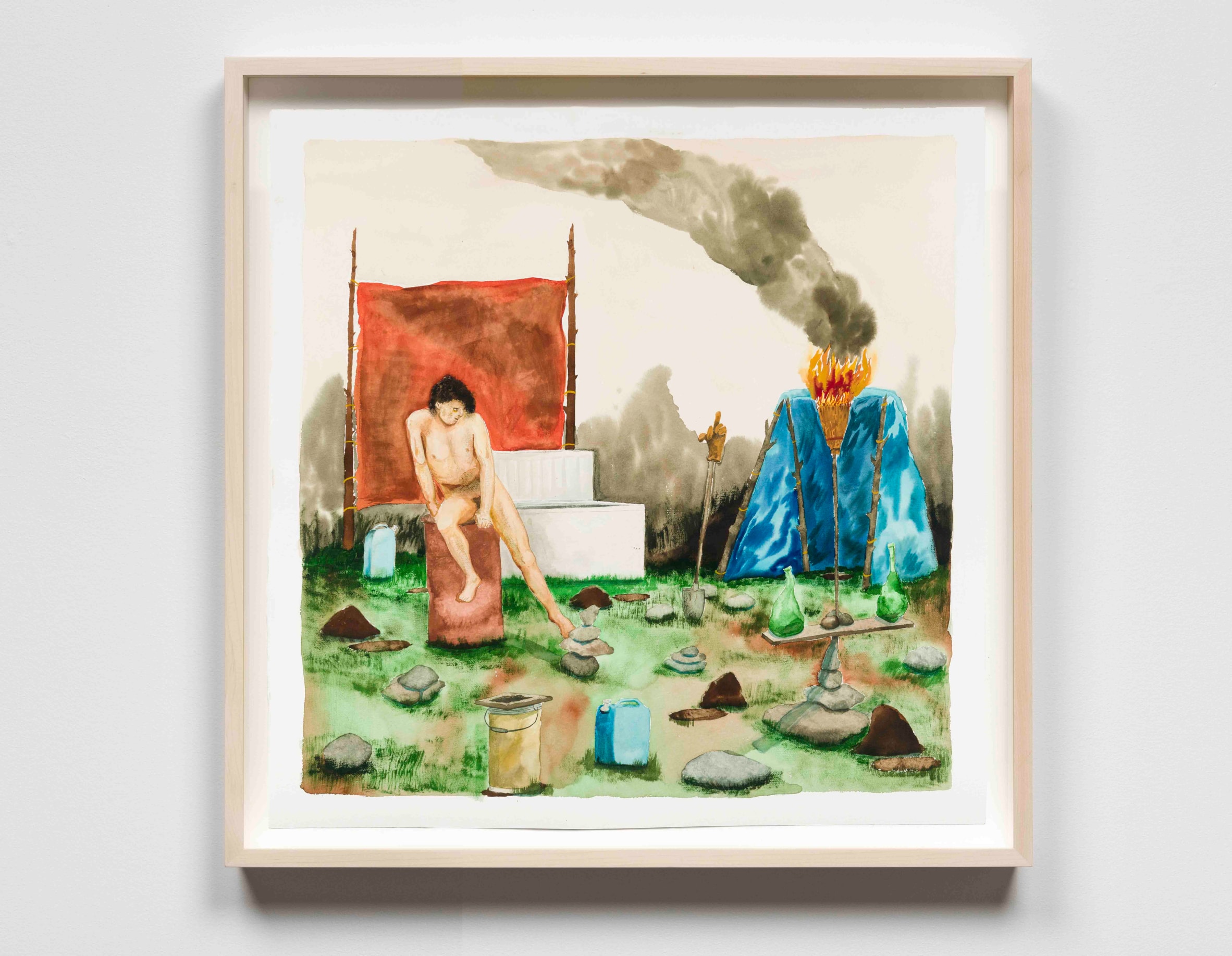 Joseph Tisiga, Precocious instincts instrumentalized by need, 2022, watercolour on paper, 27½ x 27½ in., © Joseph Tisiga, courtesy Bradley Ertaskiran.