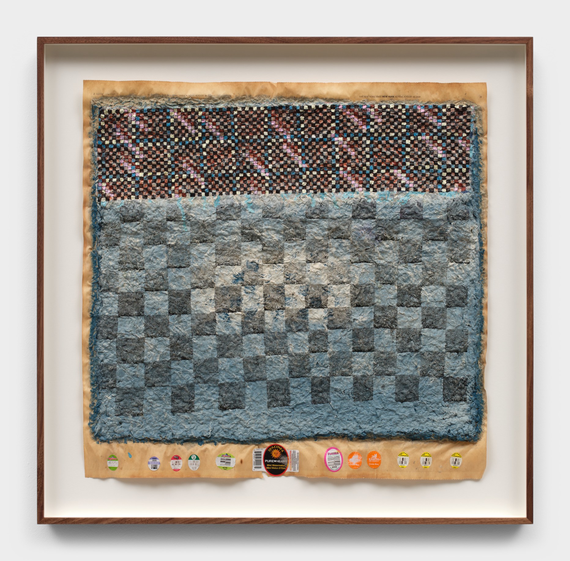 Magnus Maxine,&nbsp;The New York Times, Sunday, August 30, 2020, 2020-2023, oil and fruit stickers on newspaper and paper pulp , 22&rdquo; H x 22 1/2&rdquo; W, 27&rdquo; H x 27.5&rdquo; W x 2&rdquo; D (Framed), courtesy of Sebastian Gladstone