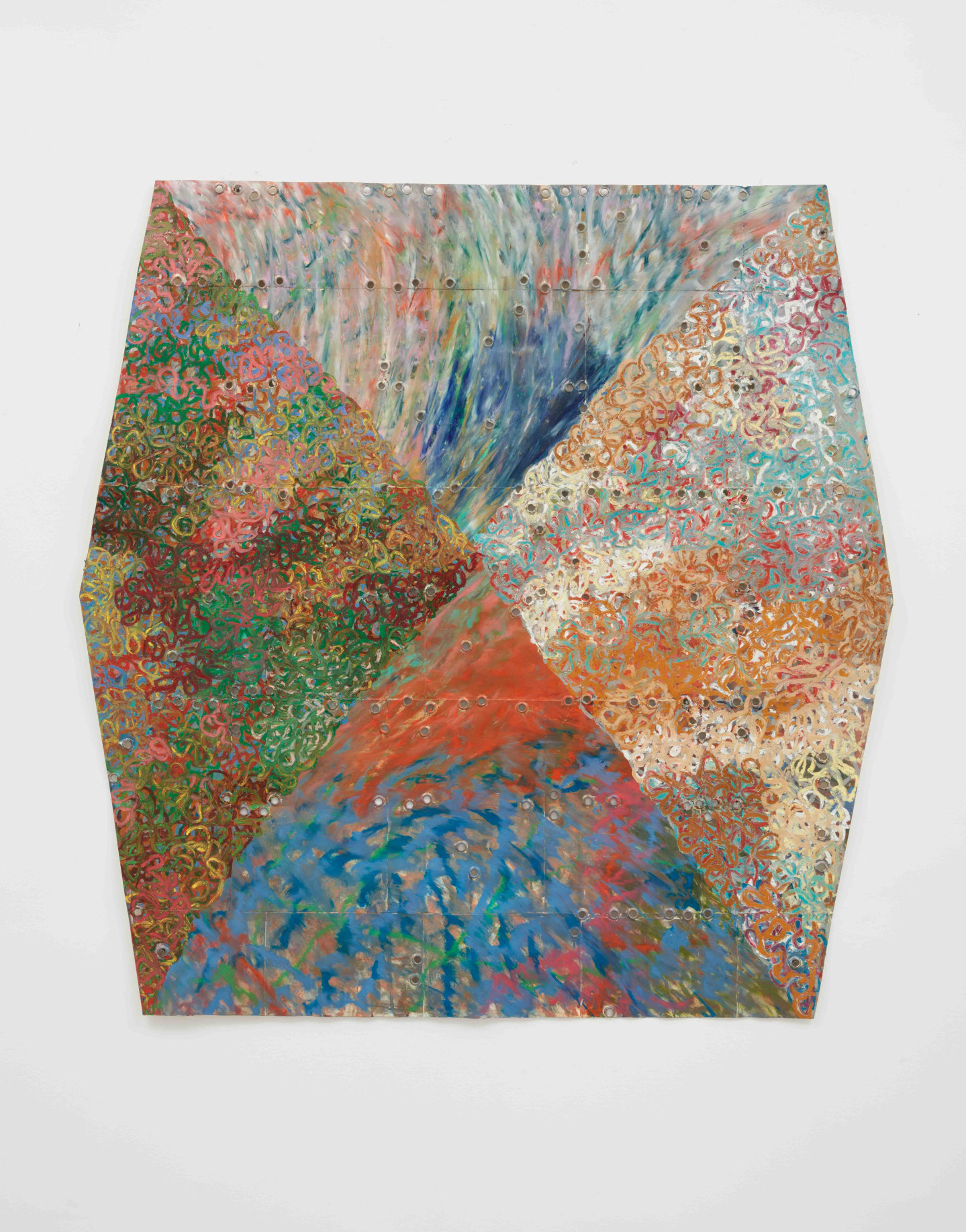 Kemar Keanu Wynter, (V.) Earl Grey and Water Crackers, 2022, Oil pastel, acrylic, graphite and grommets on collaged French cardstock. Courtesy of the artist and Klaus von Nichtssagend Gallery.