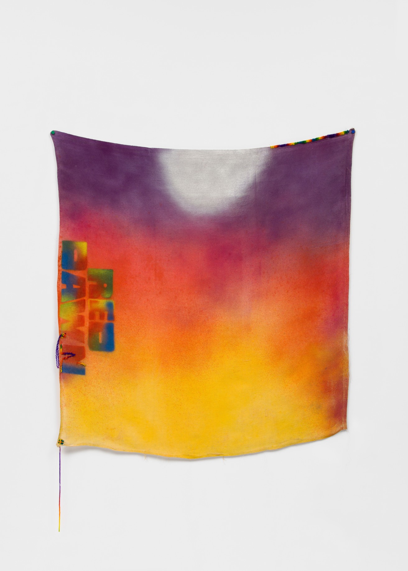 Rochelle Feinstein, Red Dawn Sampler, 2022, acrylic, enamel spray paint, hand-dyed yarn on cotton drop cloth, 58 x 60 in, &copy; the artist, courtesy Nina Johnson