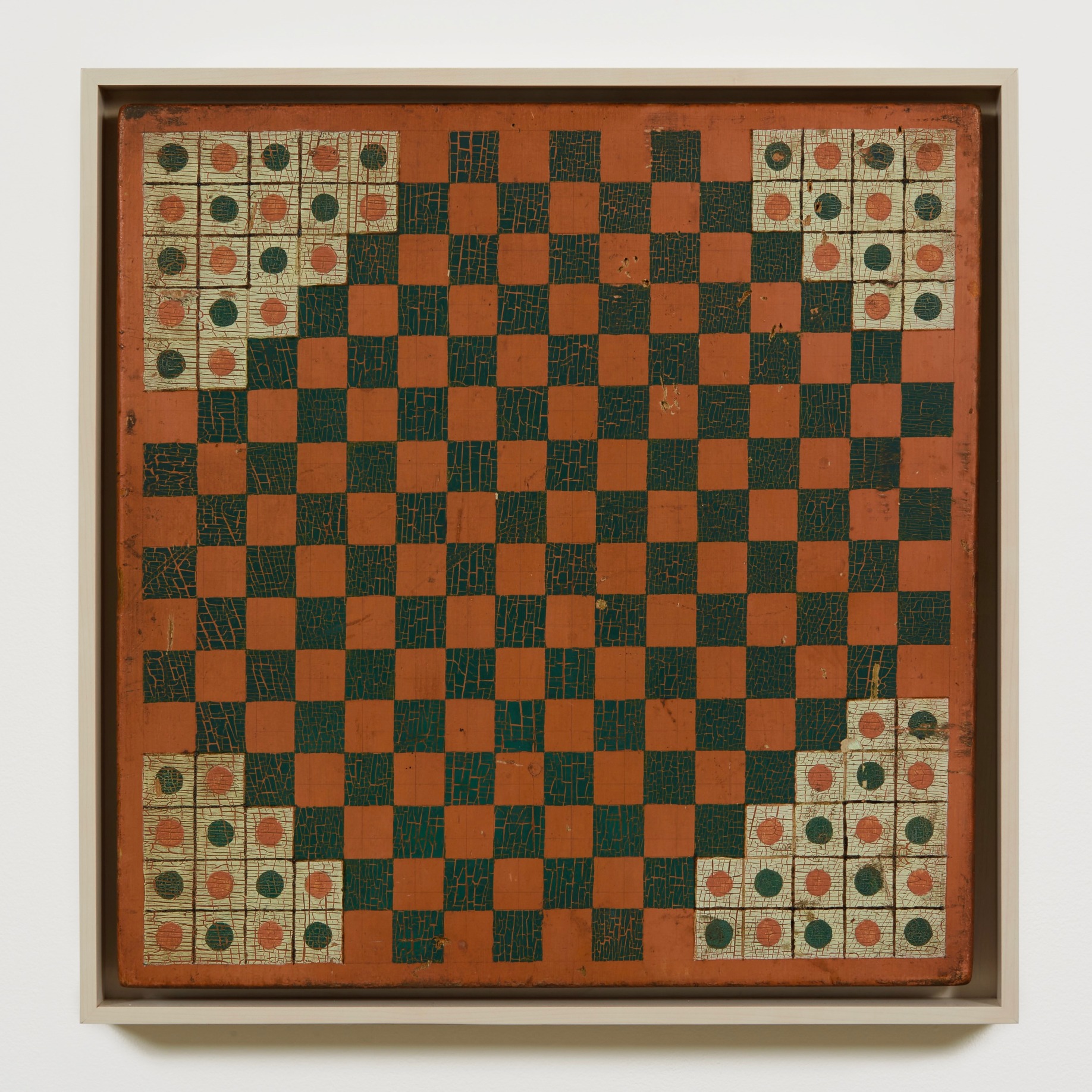 Artist Unknown, Halma Game Board, ca. 1910 - 20, polychrome on wood panel, 17 1/2 x 17&nbsp; in, courtesy Ricco/Maresca