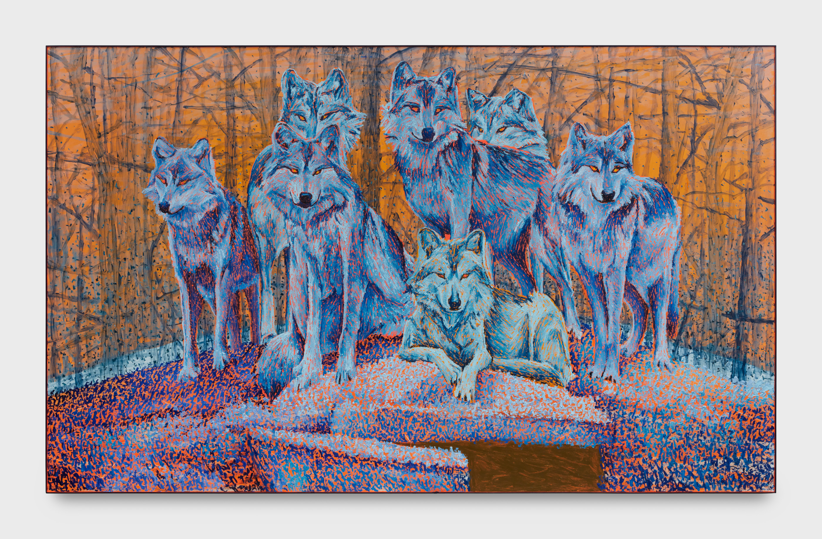 Ross Caliendo, Brothers, 2022. Oil and acrylic on canvas with wood frame, 71.75 x 117 inches. Courtesy of Ross + Kramer Gallery, New York