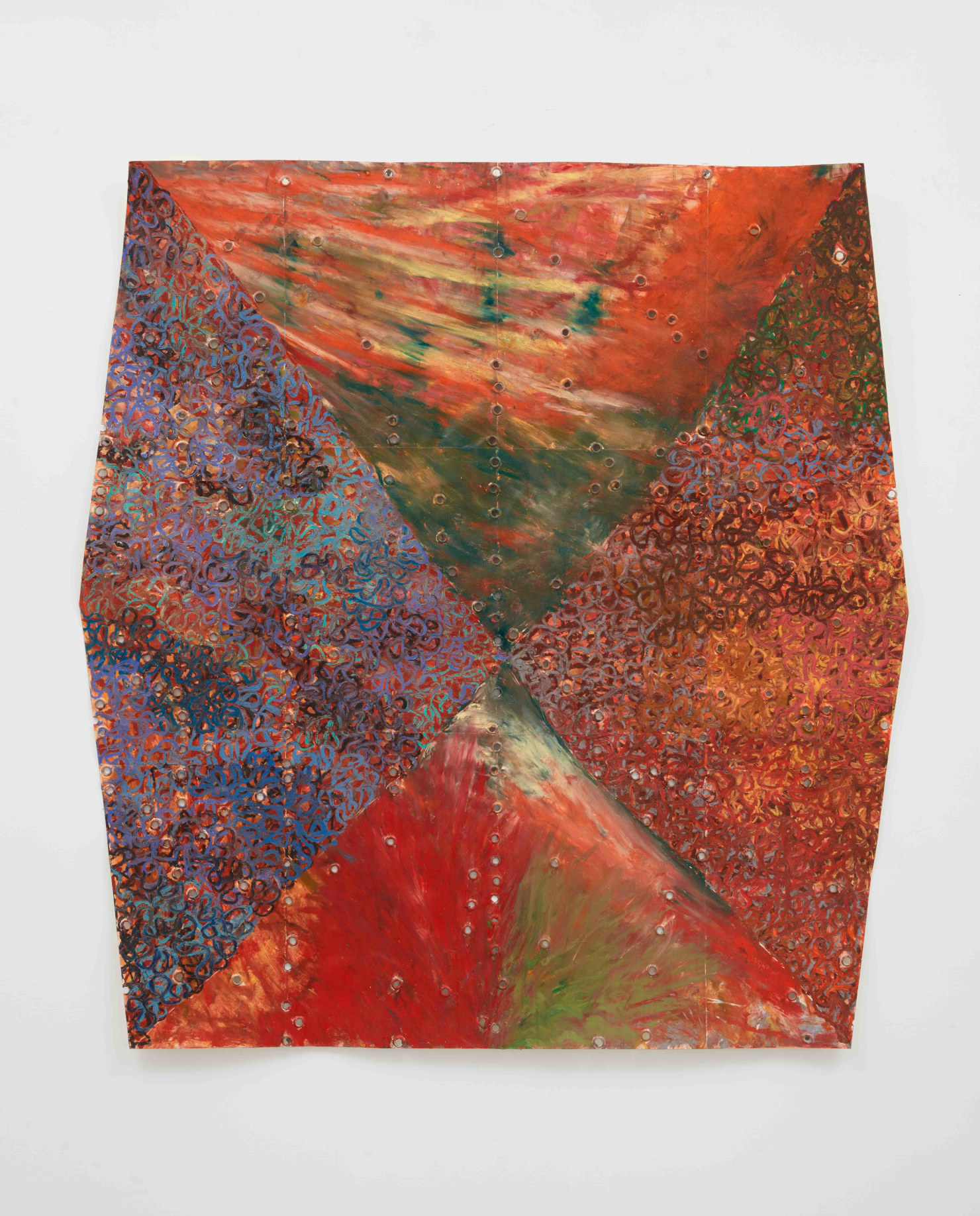 Kemar Keanu Wynter, (VI.) Tomorrow&rsquo;s Dumplings, 2022, Oil pastel, acrylic, graphite and grommets on collaged French cardstock, 52 1&frasl;4 &times; 48 5&frasl;8 inches (132.72 &times; 123.51 cm.). Courtesy of the artist and Klaus von Nichtssagend Gallery.