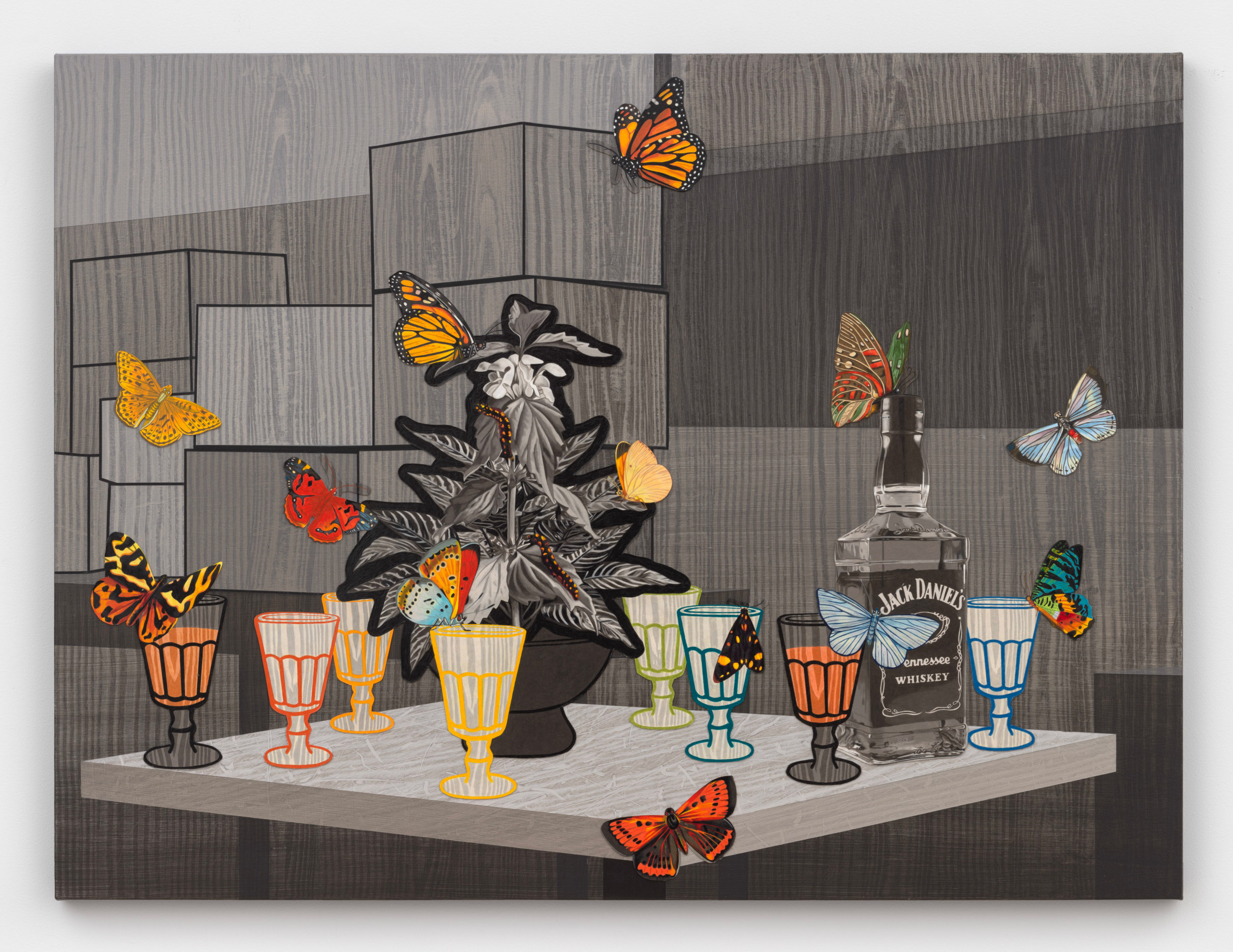 Willie Stewart, Orchid Lounge, 2022. Colored pencil on cotton board, and acrylic on canvas over panel, 36 x 48 x 1 1/2 inches. Courtesy of the artist and Nicelle Beauchene Gallery, New York