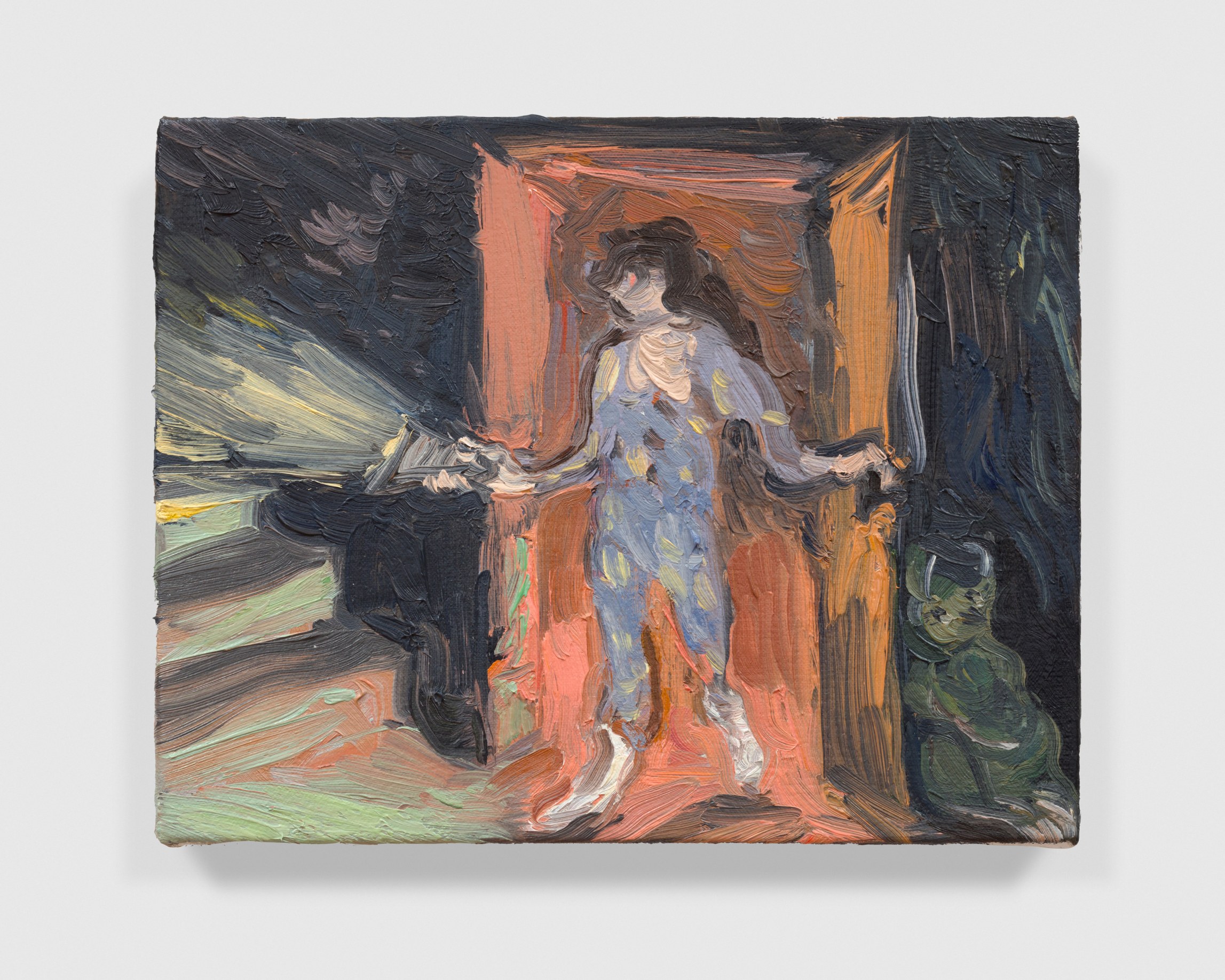 Jane Corrigan, The Noise Upstairs (PJs), 2024, oil on canvas, 9 1/2 x 12 in, photography by Nice Day Photo, courtesy of the artist and Sea View, Los Angeles