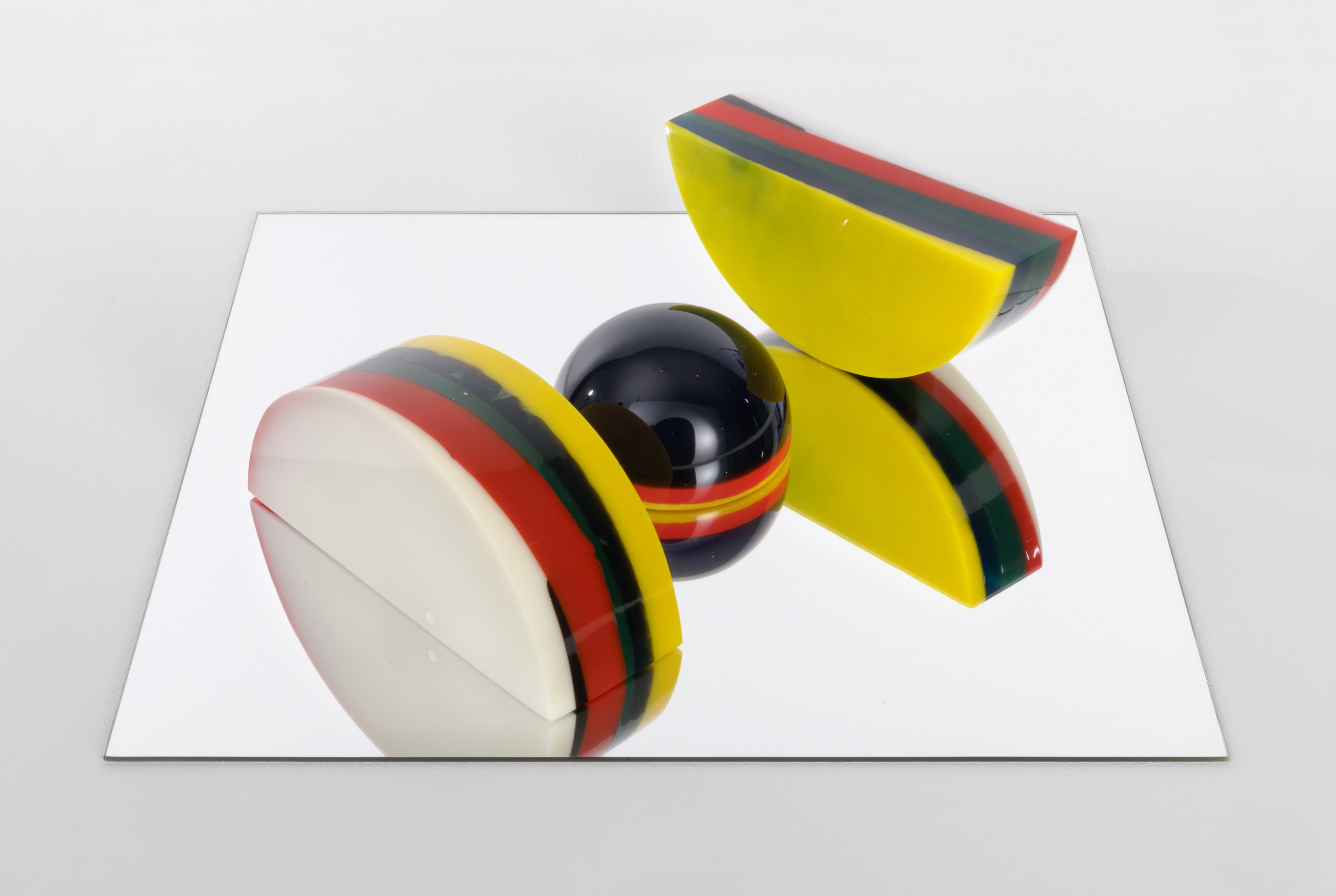 Joe Ray, Two Arcs and Half Sphere, 1969, cast resin and mirror, 4 1/4 x 20 x 20 inches. Photo: Robert Wedemeyer, &copy; Joe Ray, courtesy of Diane Rosenstein Gallery