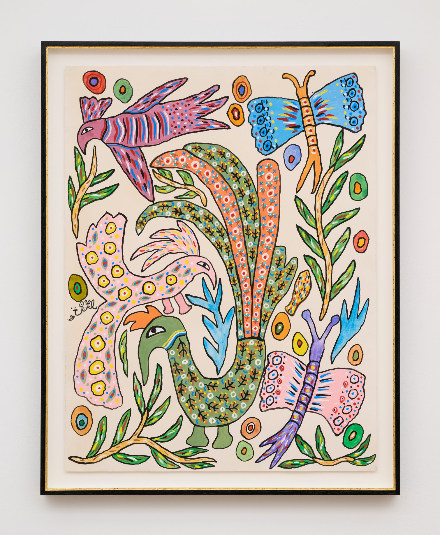 Baya, Farfalle e pavoni [Butterflies and peacocks], 1980, gouache and pencil on paper, 65 x 50 cm. &copy; The Estate of the Artist. Courtesy of Richard Saltoun Gallery and Independent.