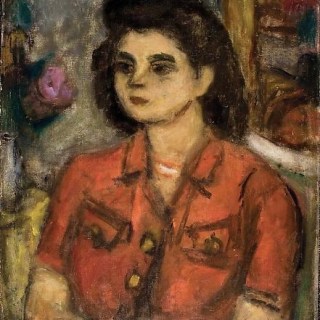 Three-quarter bust painting of a woman with dark hair and a red shirt