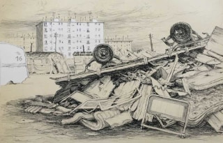 J&uuml;rg Kreienb&uuml;hl La roulotte d&eacute;truite 1977 lithograph lithographie