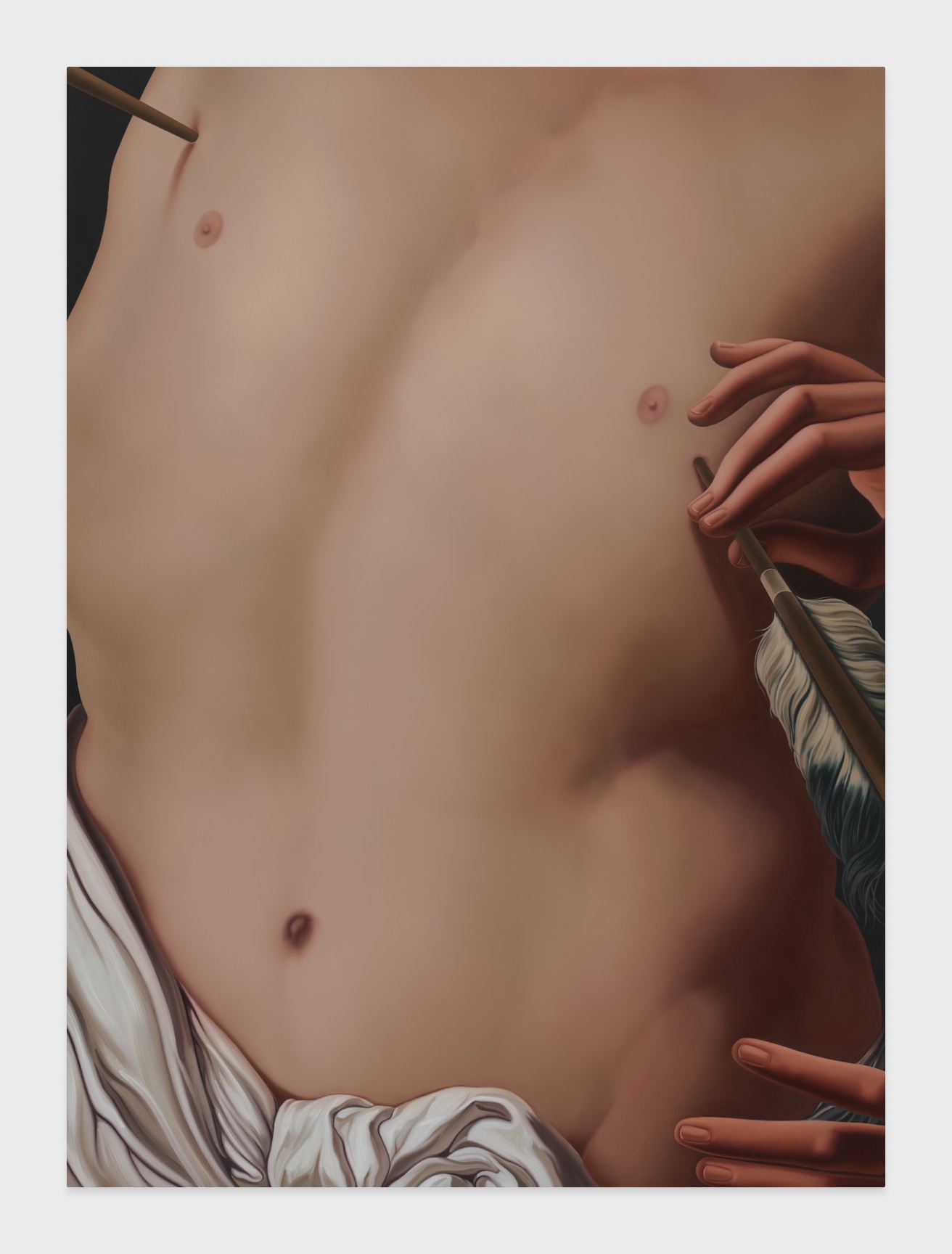 nude chest with being delicately poked with feathers