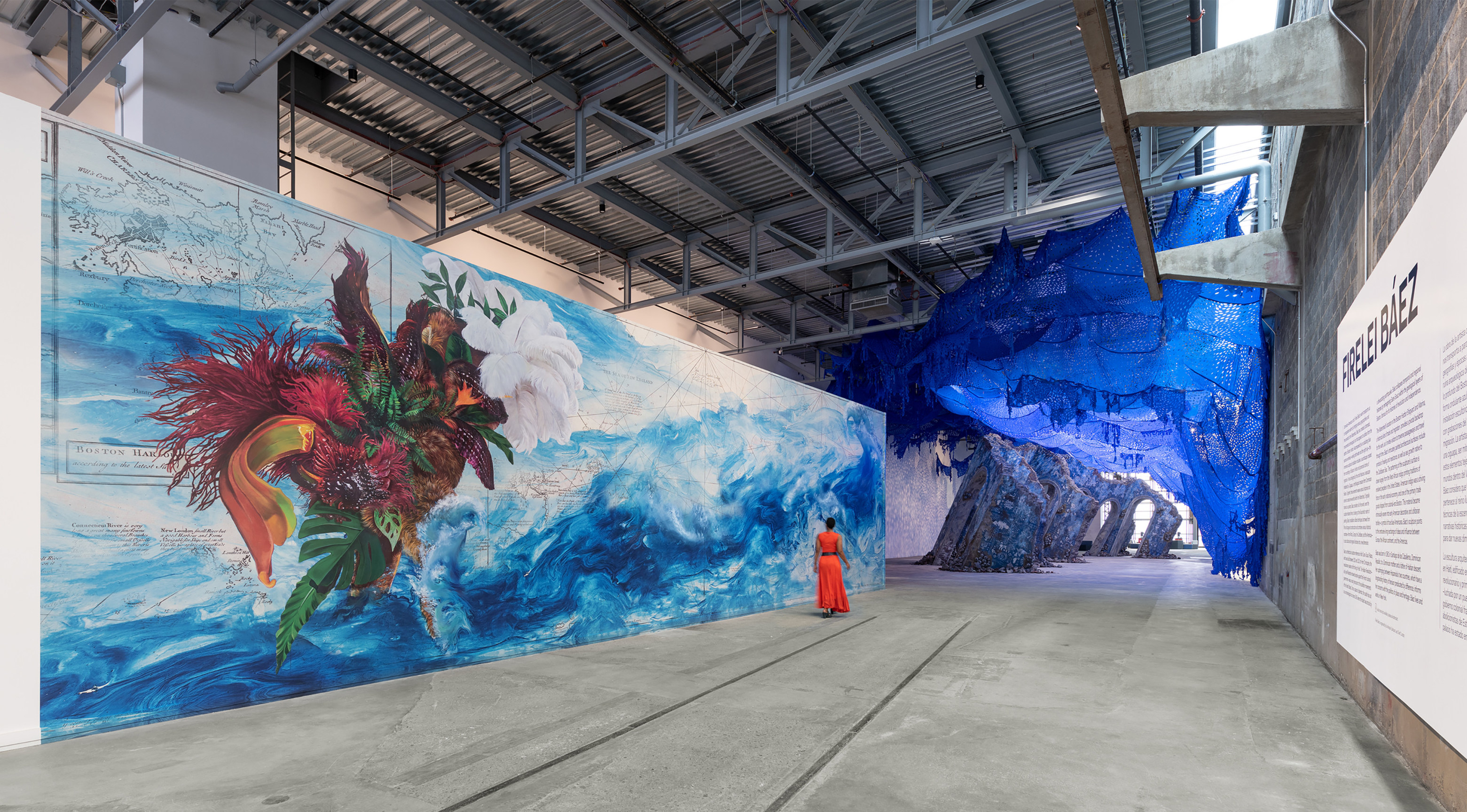 Firelei B&aacute;ez,&nbsp;To breathe full and free: a declaration, a re-visioning, a correction (19&deg;36&prime;16.9&Prime;N 72&deg;13&prime;07.0&Prime;W, 42&deg; 21&prime;48.762&Prime; N 71&deg;1&prime;59.628&Prime; W), 2021.&nbsp;Installation view, ICA Watershed, Boston, MA, 2021. Photo by Chuck Choi.