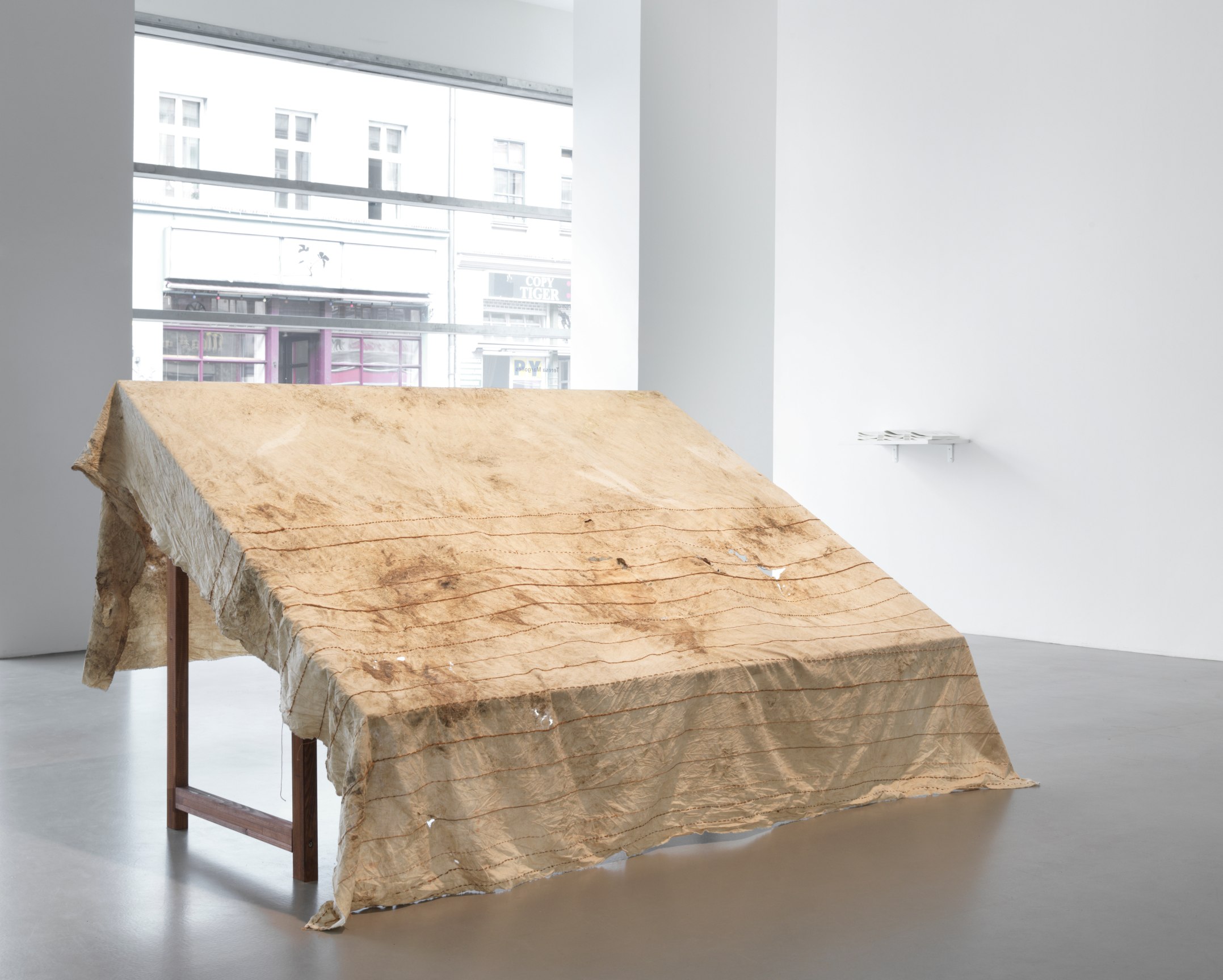 A piece of fabric with 14 lines embroidered on it and permeated with blood by Mexicans that have migrated to Berlin