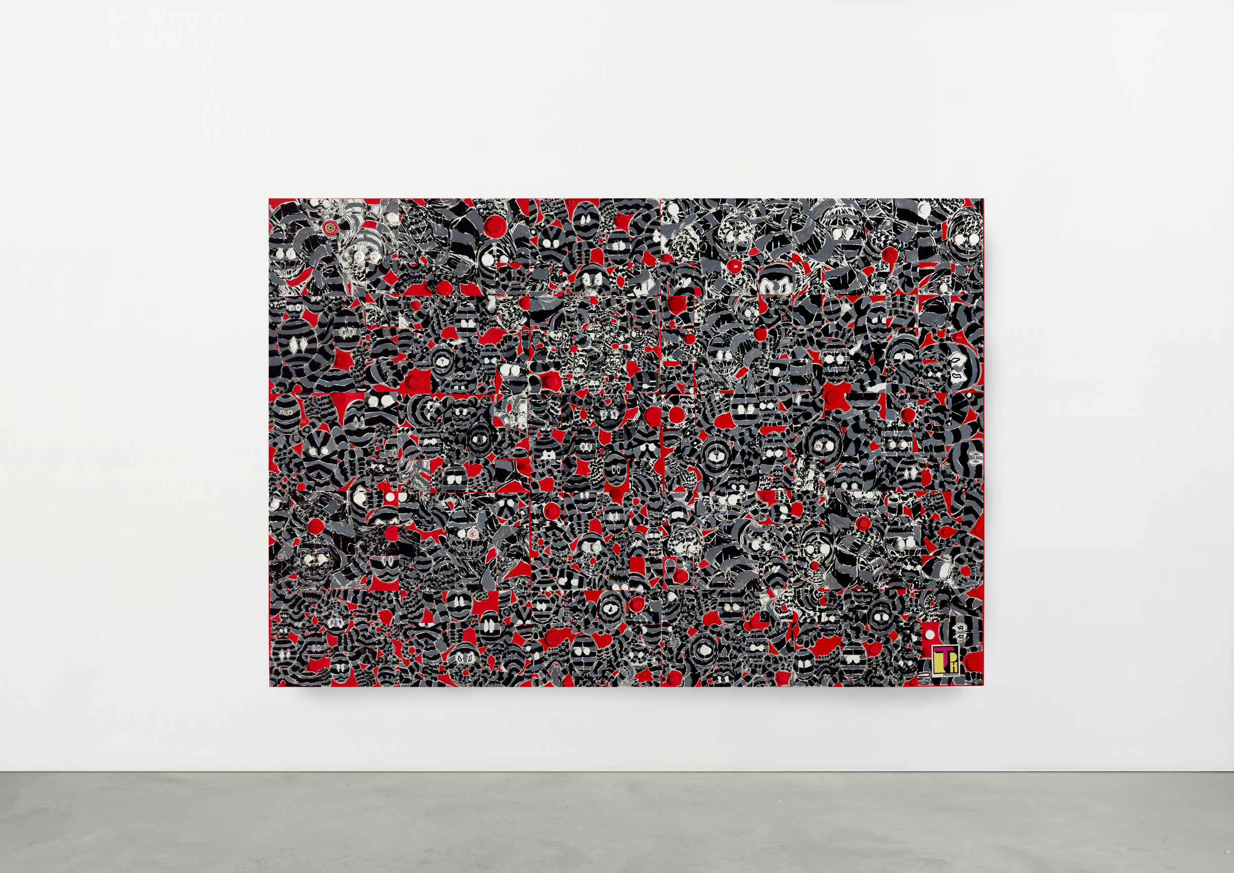 Installation View: Acrylic, graphite, plastic tops, faux fur, paper collage on canvas