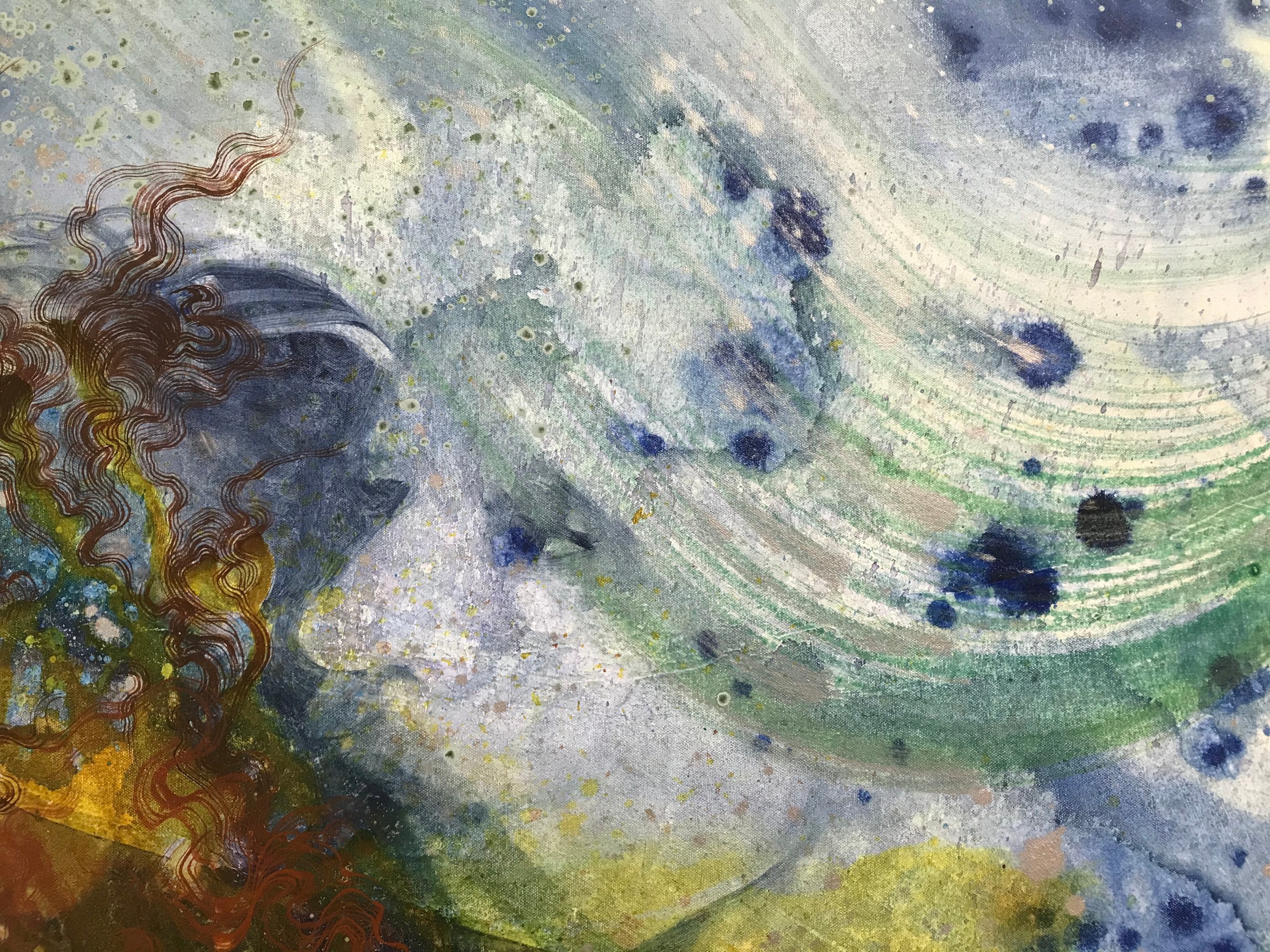 abstract blue, white, and brown close up of a painting