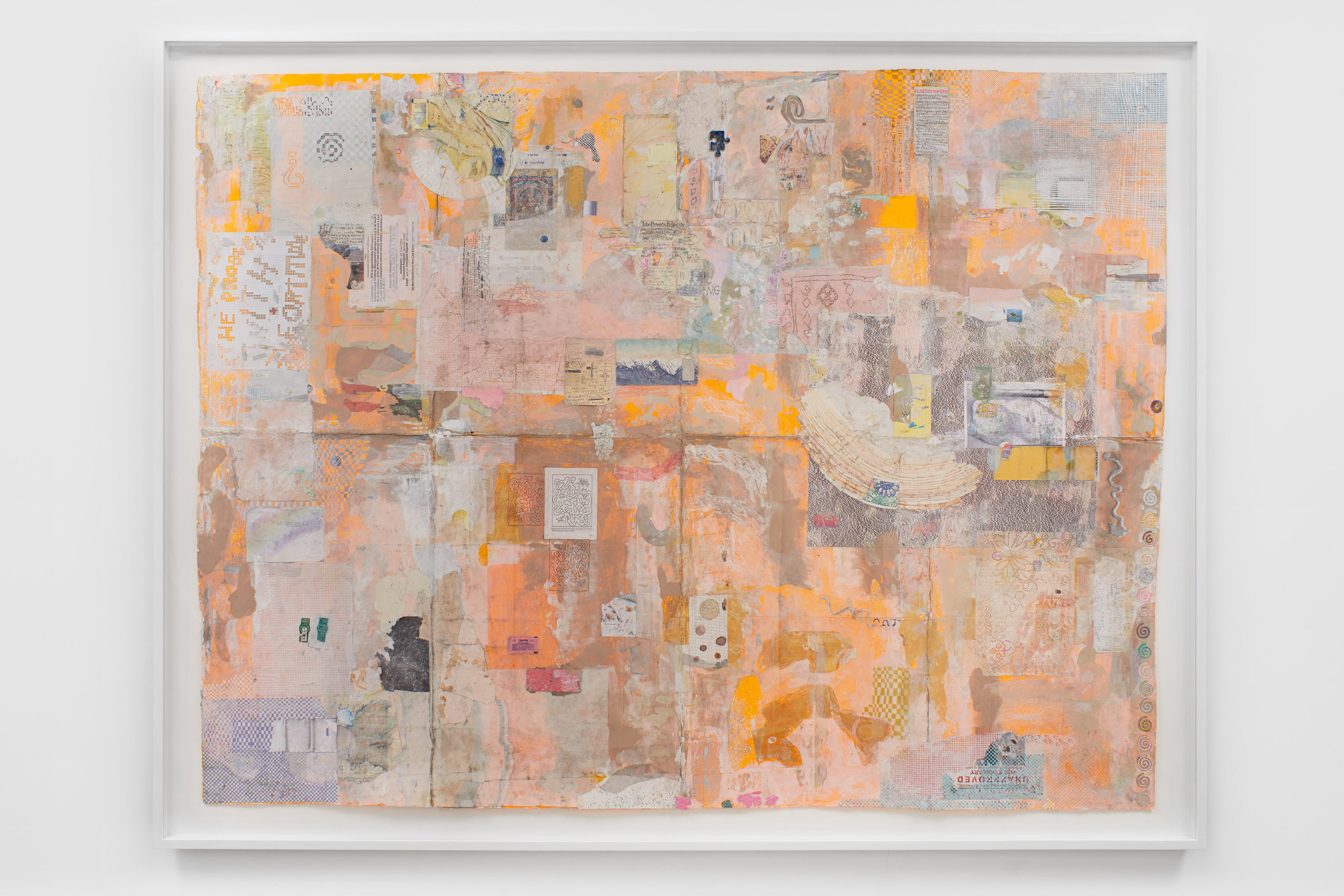 Fluorescent collage of distressed text and paper by SIMON EVANS&trade;.