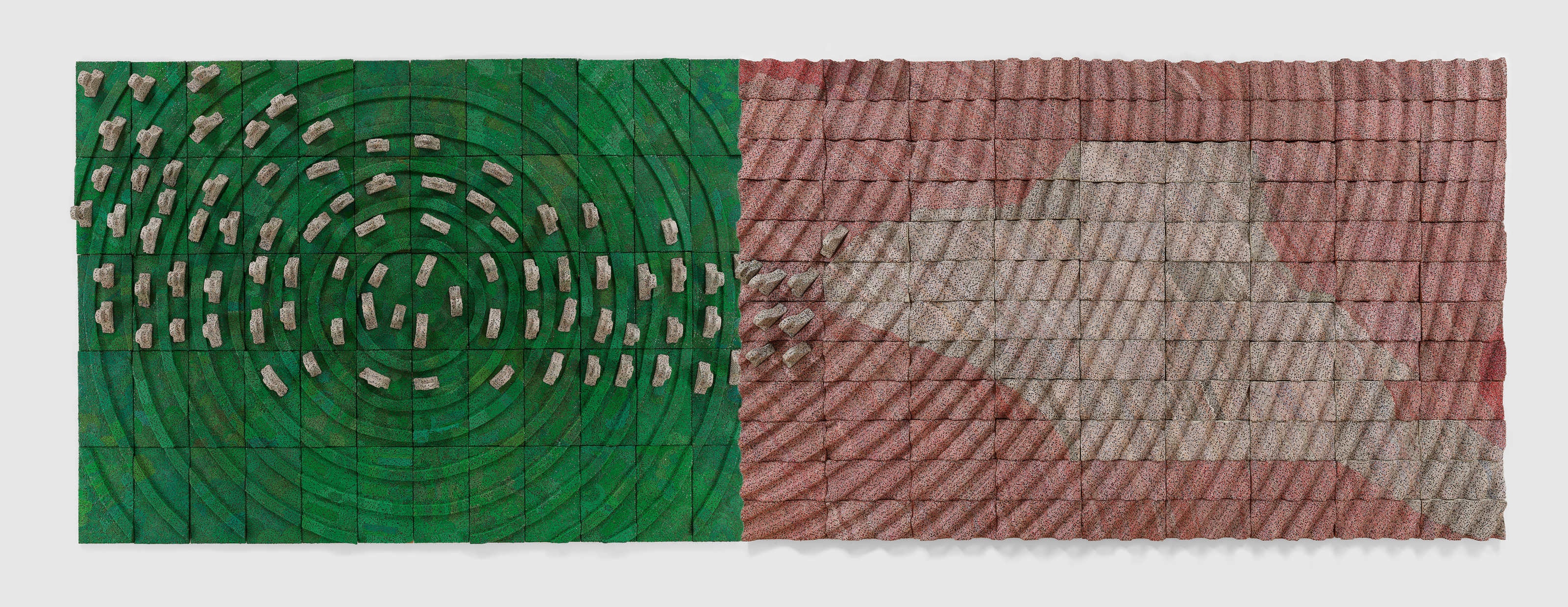 Three-dimensional wall piece with woven electrical wires and other components on wood panels by Elias Sime
