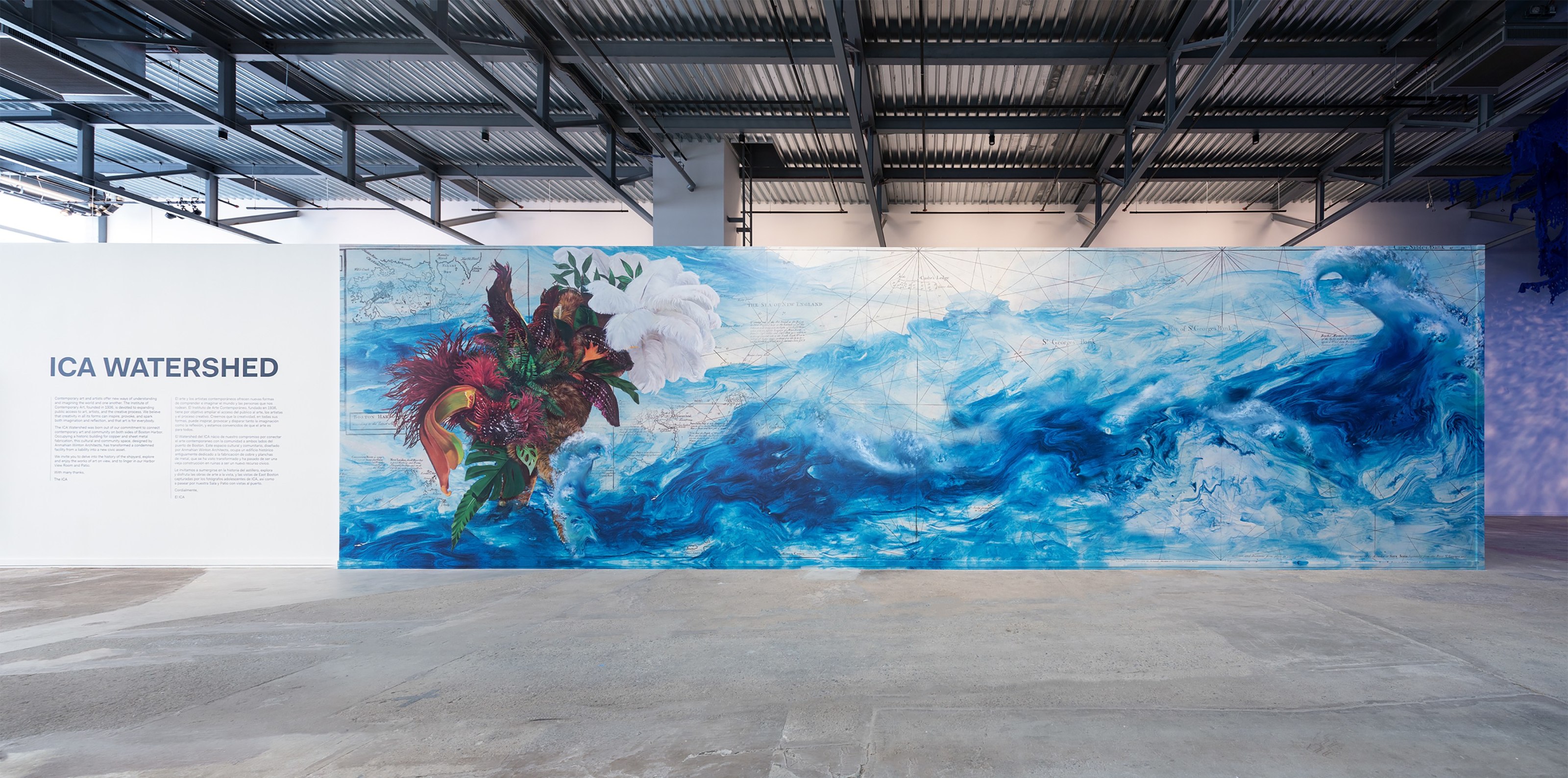 Firelei B&aacute;ez,&nbsp;To breathe full and free: a declaration, a re-visioning, a correction (19&deg;36&prime;16.9&Prime;N 72&deg;13&prime;07.0&Prime;W, 42&deg; 21&prime;48.762&Prime; N 71&deg;1&prime;59.628&Prime; W), 2021.&nbsp;Installation view, ICA Watershed, Boston, MA, 2021. Photo by Chuck Choi.